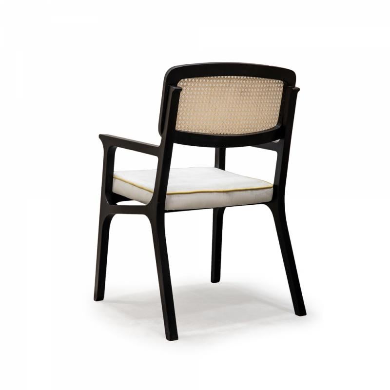 Black lacquered wood structure with natural rattan back detail and soft comfortable upholstery seat. Made to Order. 

If you are planning on ordering an upholstery item with COM upholstery, please follow these instructions: 
- Let us know that you