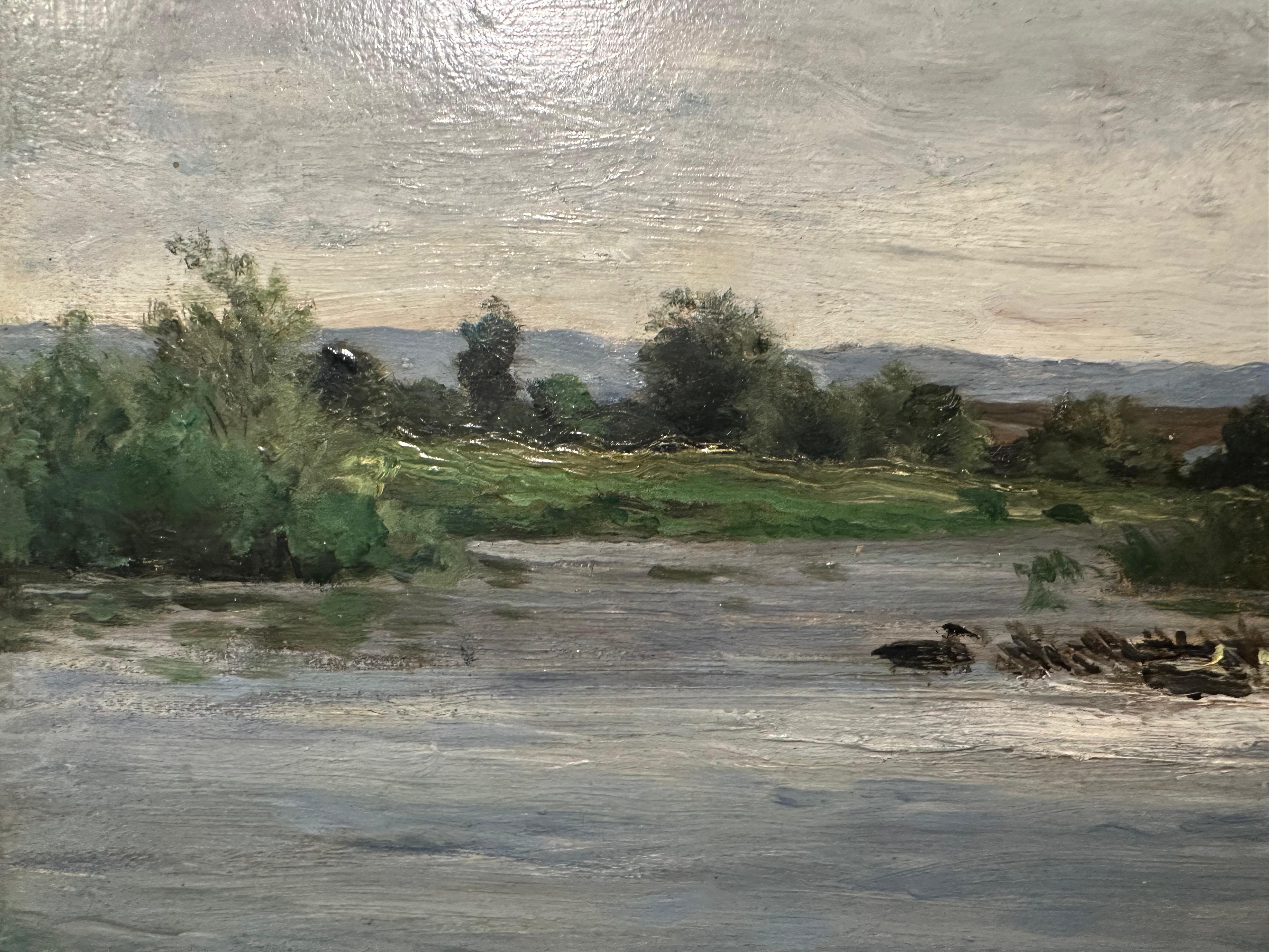 Französische Barbizon-Landschaft an einem Flussufer (Braun), Figurative Painting, von Karl Daubigny