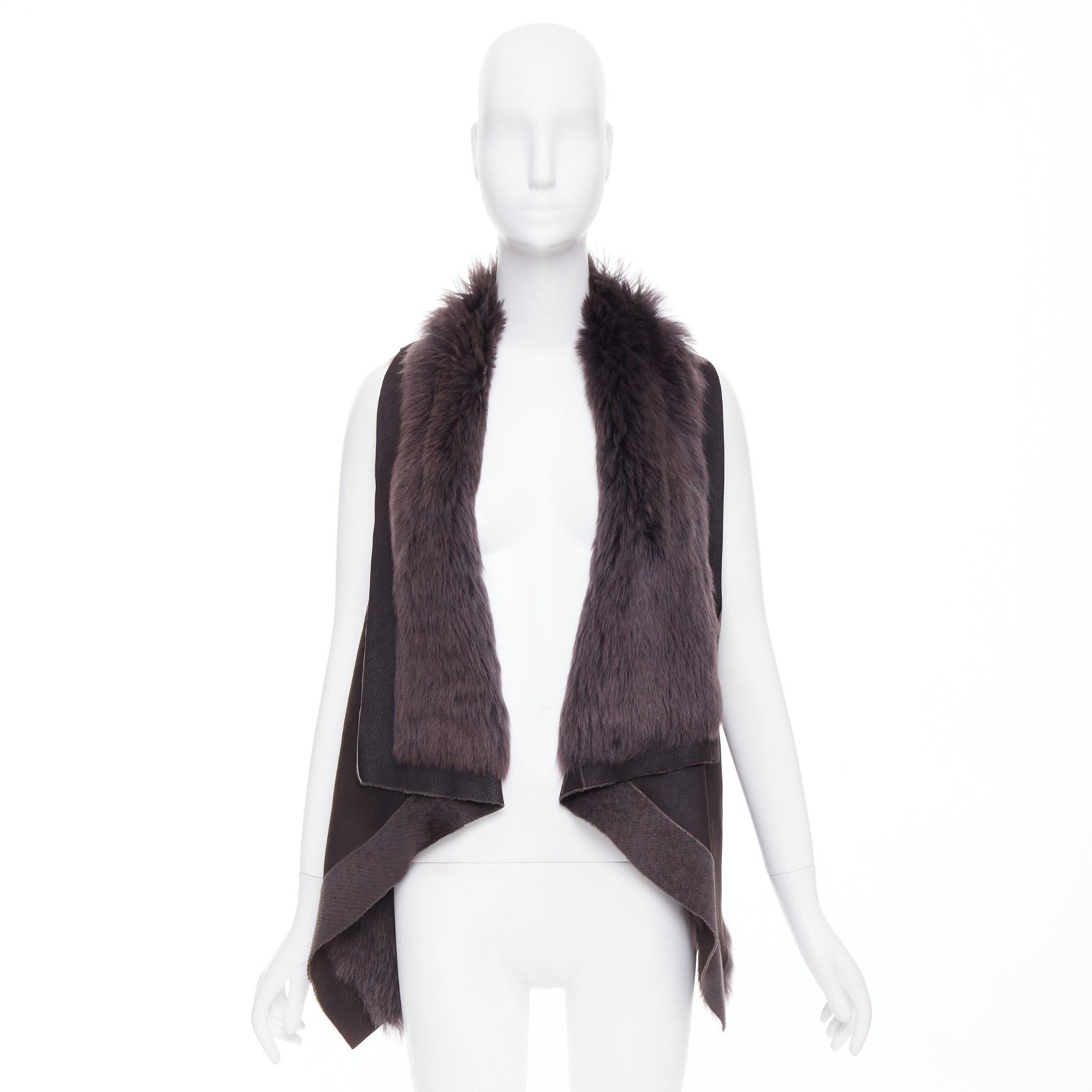 KARL DONOGHUE Dunkelbraun Lammfell Leder Pelz gefüttert drapierte Weste Jacke XS im Angebot 4