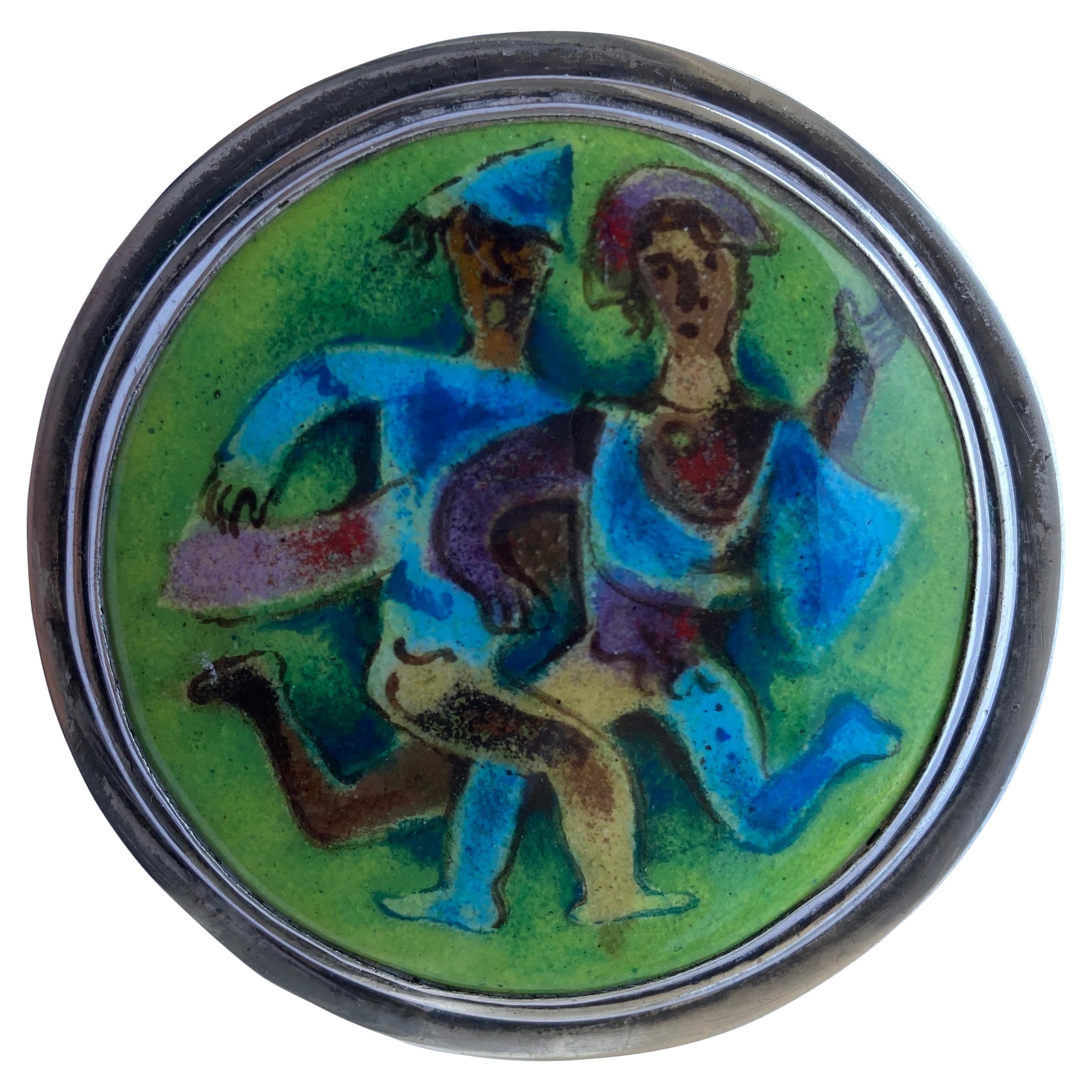 Karl Drerup: Plakette/Brosche/Anstecknadel mit Bild, Emaille, Metall und Sterlingsilber, signiert im Angebot