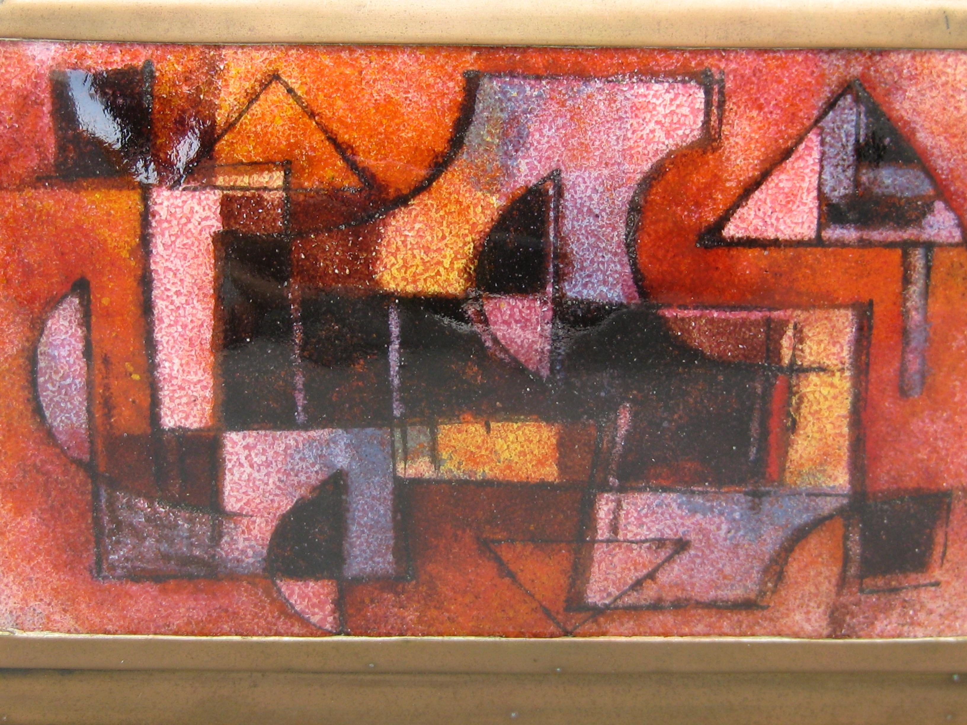 Karl Drerup Enamel on Copper Abstract Art Brass Desk Stash Trinket Cigarette Box For Sale 7