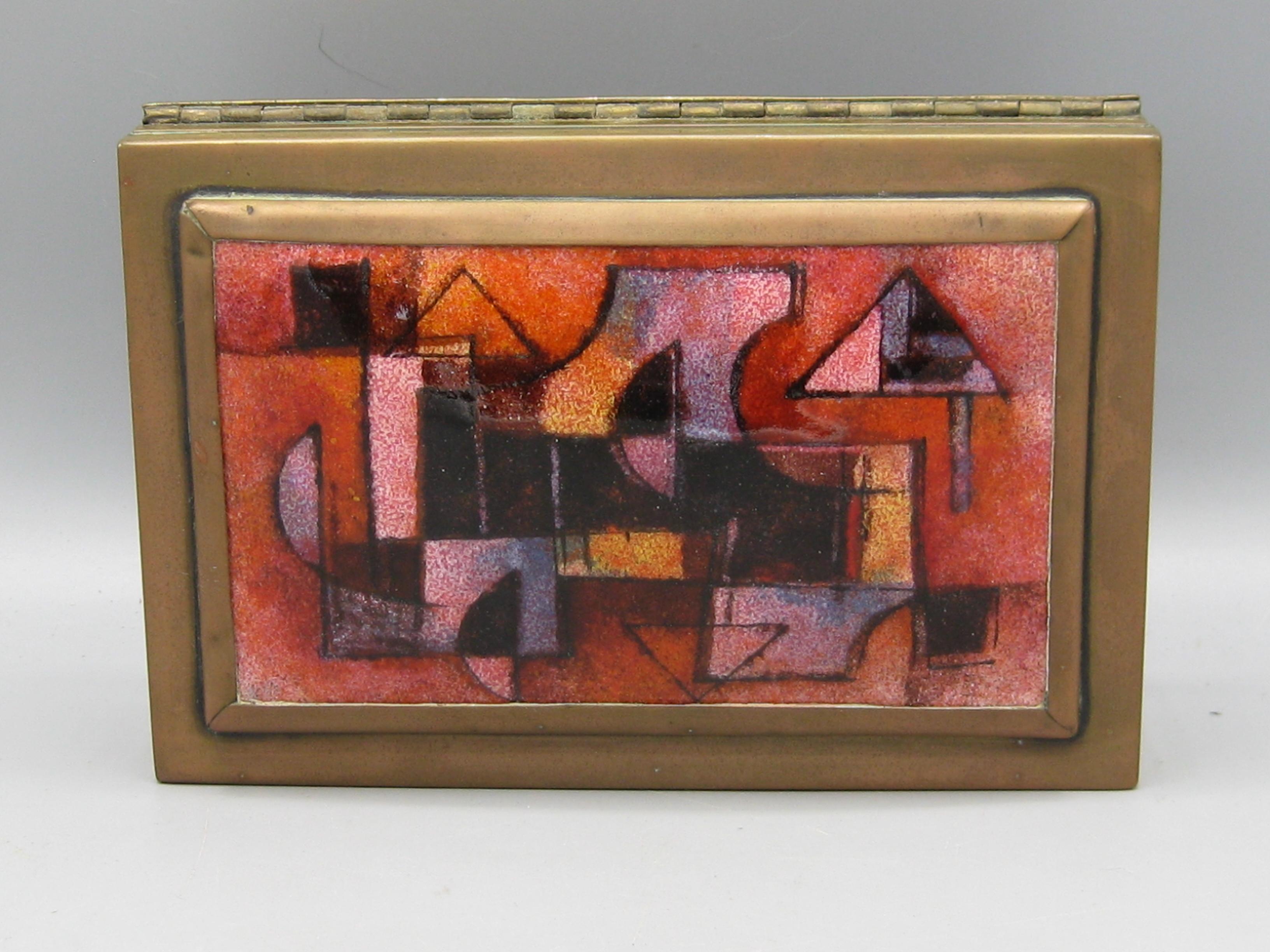 American Karl Drerup Enamel on Copper Abstract Art Brass Desk Stash Trinket Cigarette Box For Sale