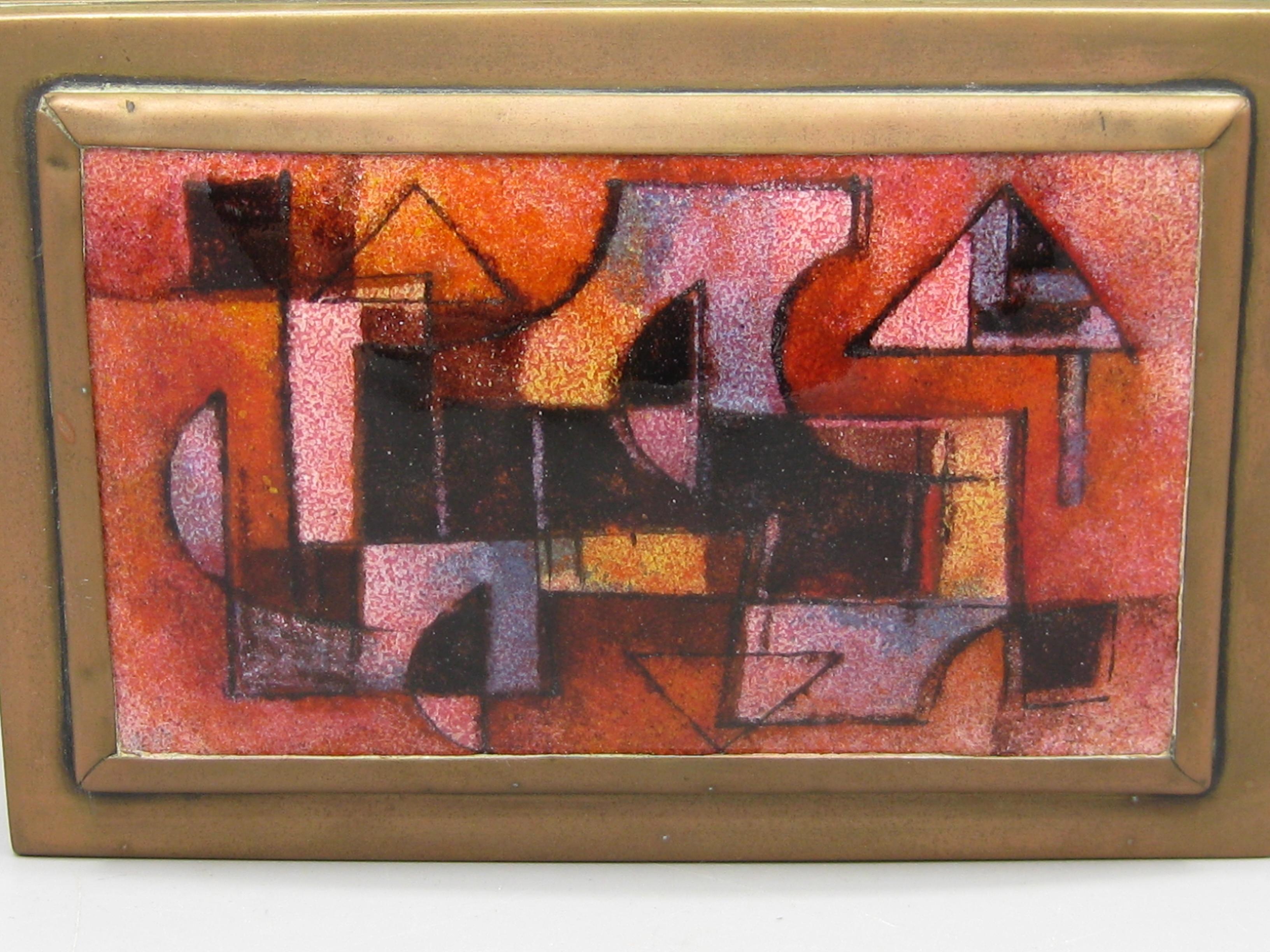 Hand-Crafted Karl Drerup Enamel on Copper Abstract Art Brass Desk Stash Trinket Cigarette Box For Sale