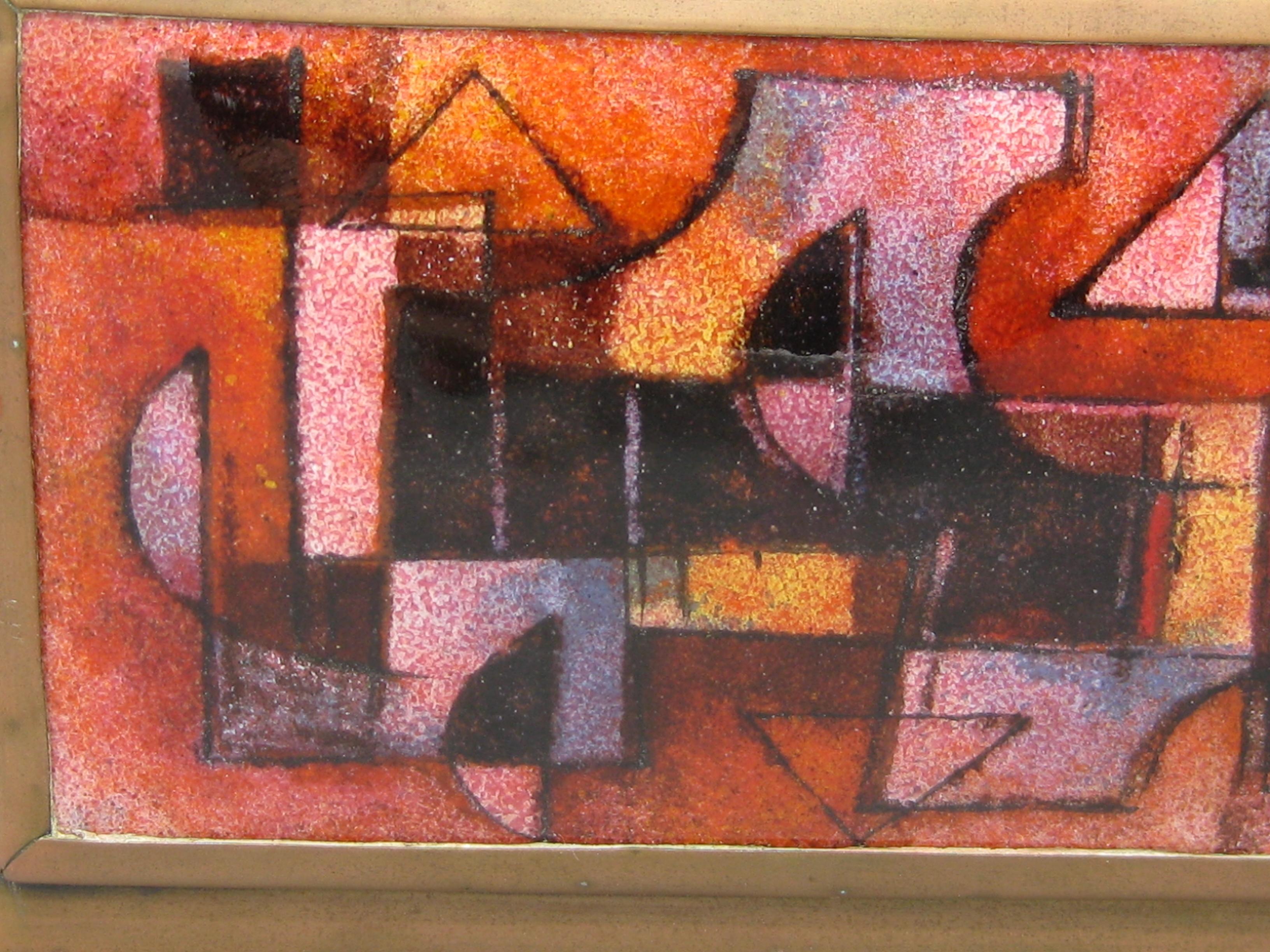 Karl Drerup Enamel on Copper Abstract Art Brass Desk Stash Trinket Cigarette Box In Excellent Condition For Sale In San Diego, CA