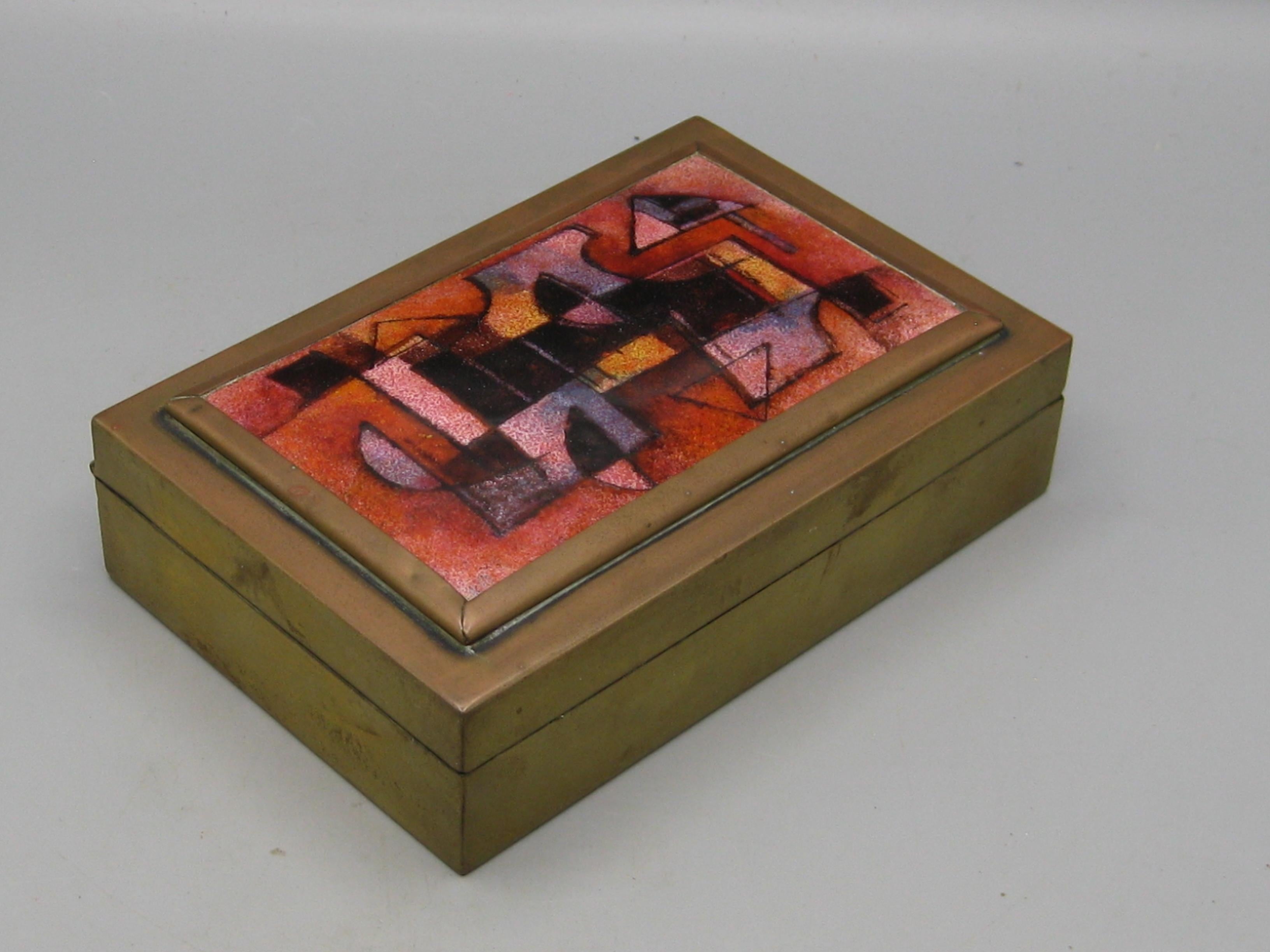 Karl Drerup Enamel on Copper Abstract Art Brass Desk Stash Trinket Cigarette Box For Sale 1