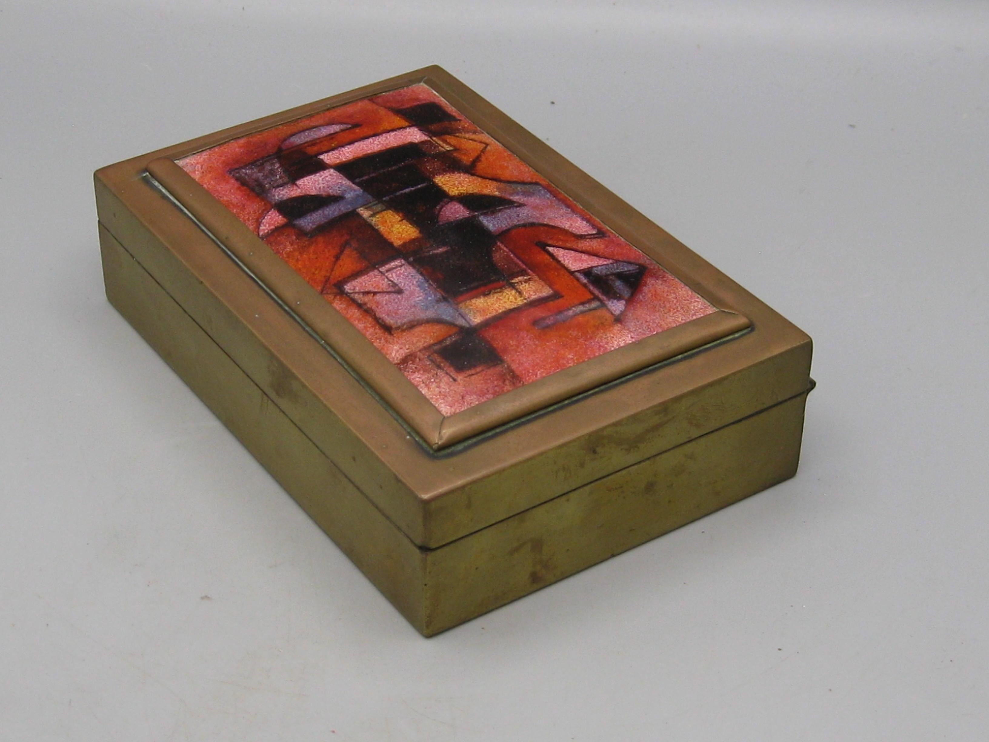 Karl Drerup Enamel on Copper Abstract Art Brass Desk Stash Trinket Cigarette Box For Sale 2
