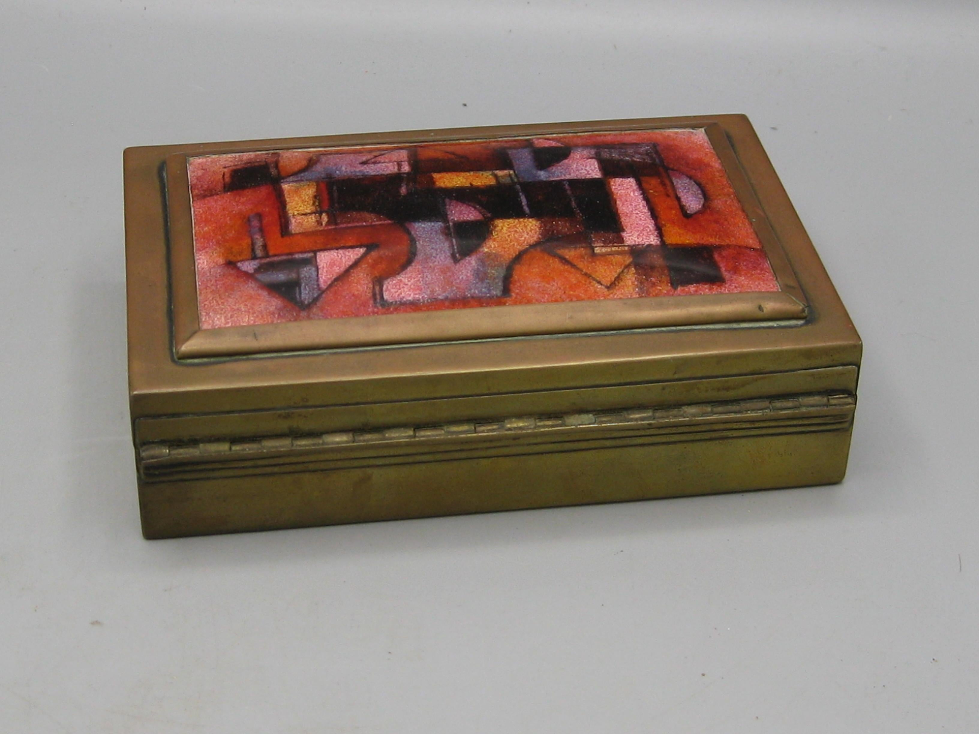 Karl Drerup Enamel on Copper Abstract Art Brass Desk Stash Trinket Cigarette Box For Sale 3