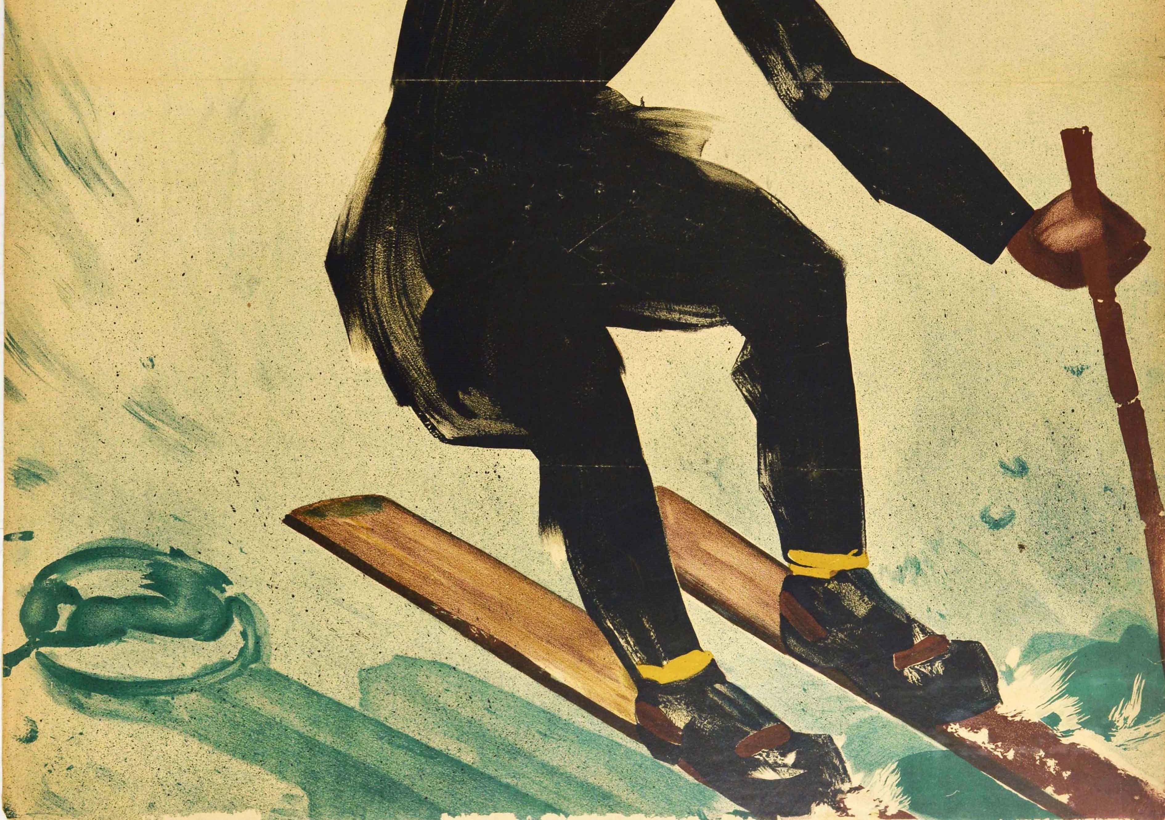 Original Vintage-Skifahren-Poster, Wintersport, Deutschland, Downhill, Skier, Kunstwerk (Beige), Print, von Karl E. Biebrach