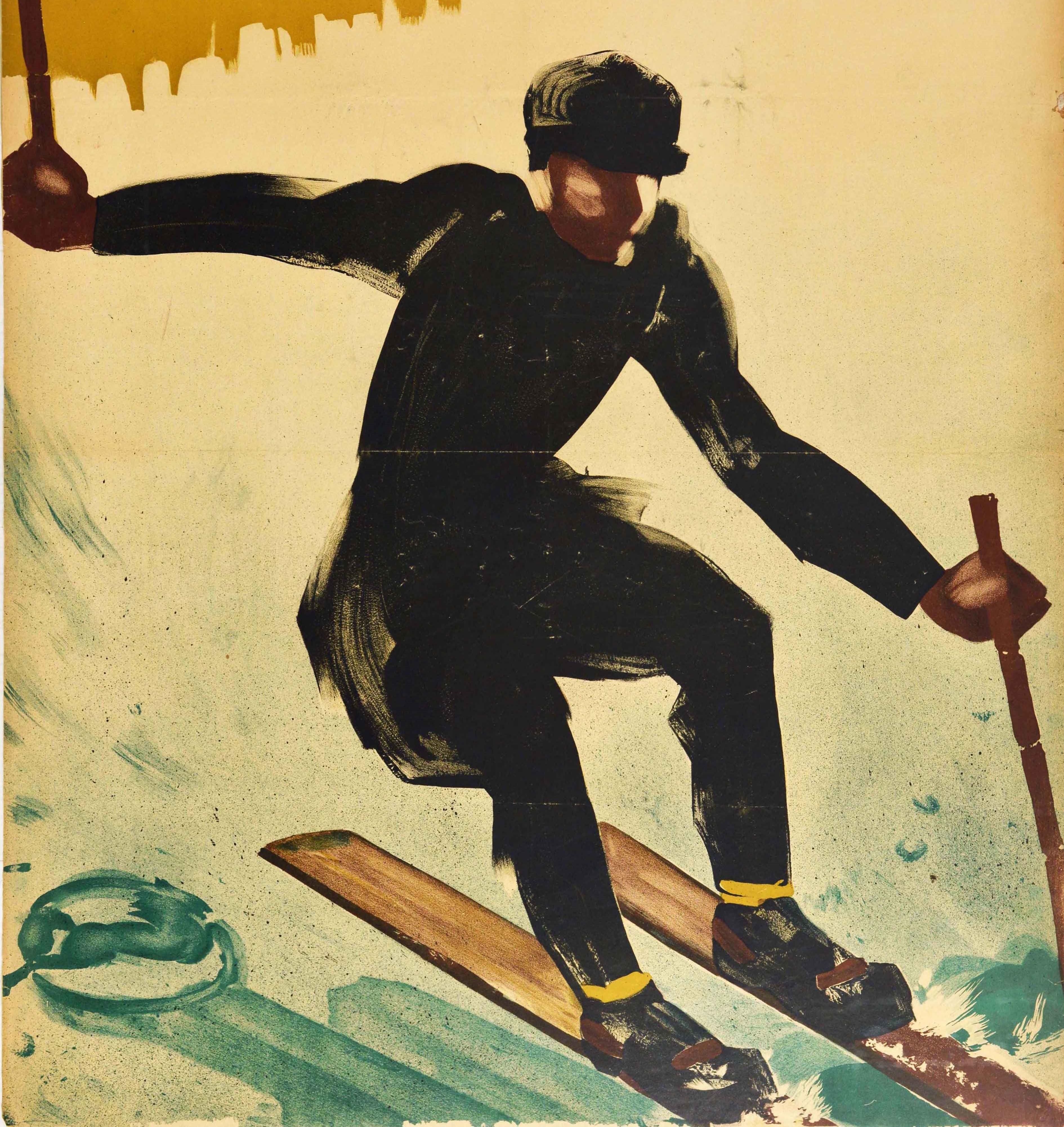 Original-Skiplakat mit dem Titel Wintersport, das ein dynamisches Kunstwerk von Karl Biebrach (geb. 1882) zeigt, das einen schwarz gekleideten Skifahrer darstellt, der auf Holzskiern einen verschneiten Hang hinunterfährt. Großes Format. Ordentlicher