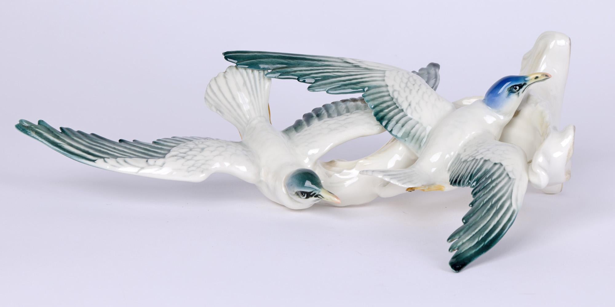 Glazed Karl Ens Volkstedt Swooping Seagulls Porcelain Figure Group