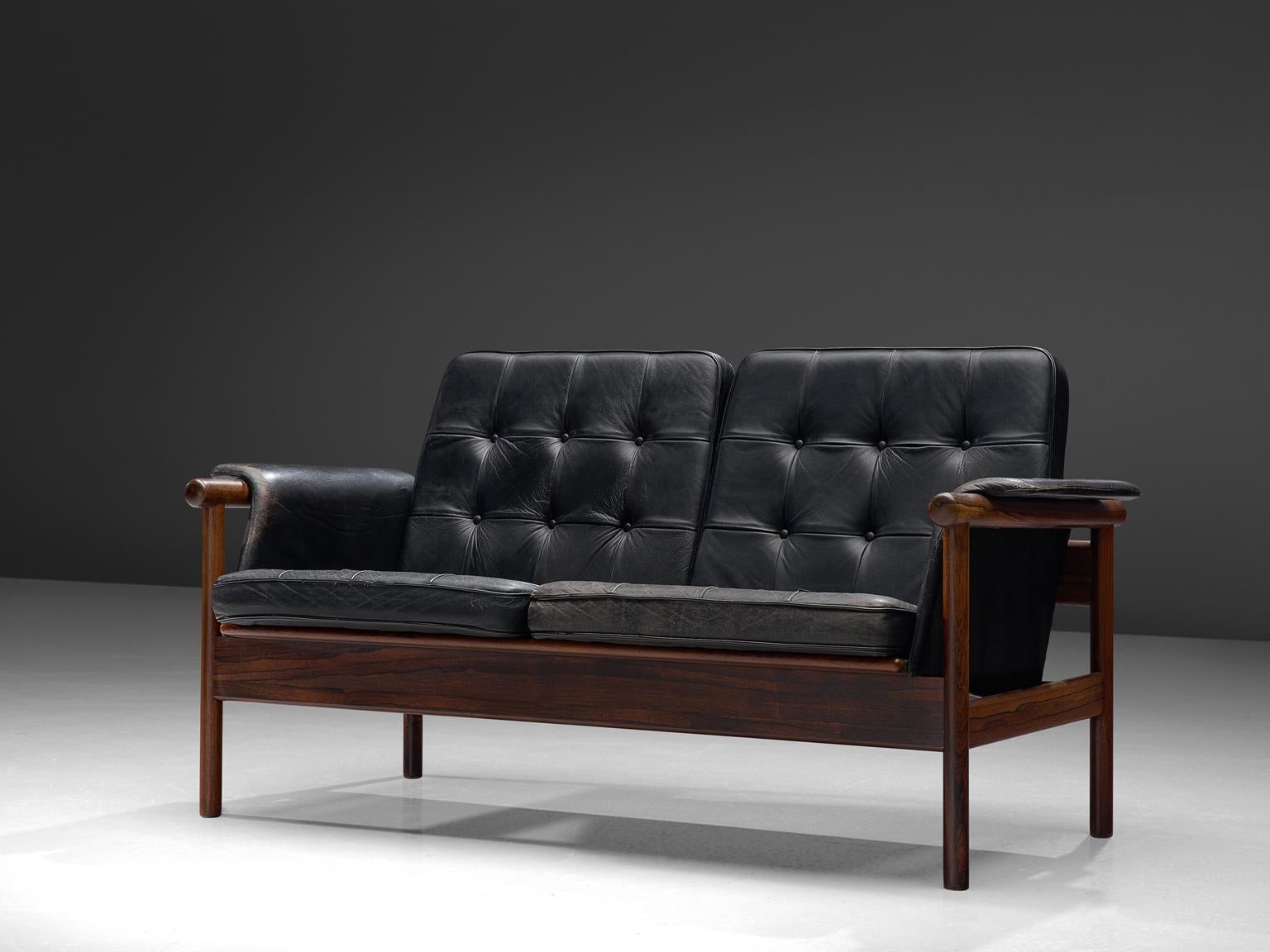 Scandinavian Modern Karl-Erik Ekselius Black Leather and Rosewood Sofa