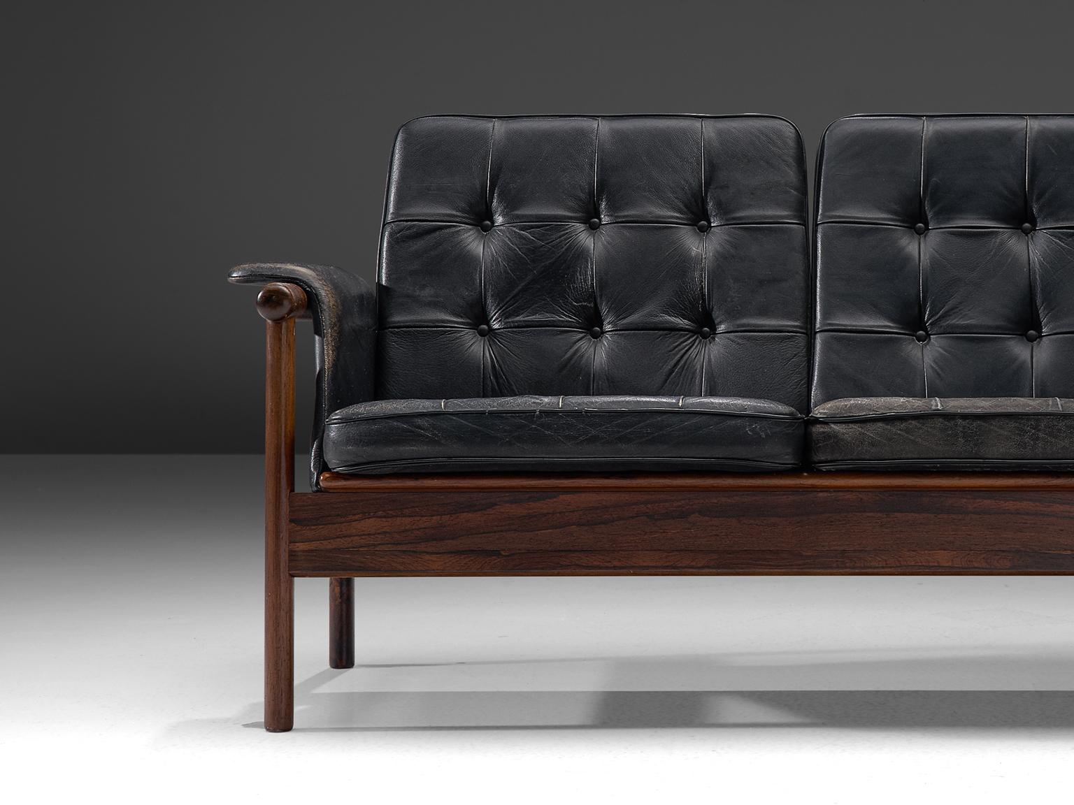 Mid-20th Century Karl-Erik Ekselius Black Leather and Rosewood Sofa