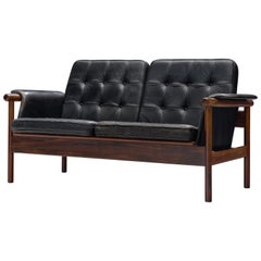 Karl-Erik Ekselius Black Leather and Rosewood Sofa