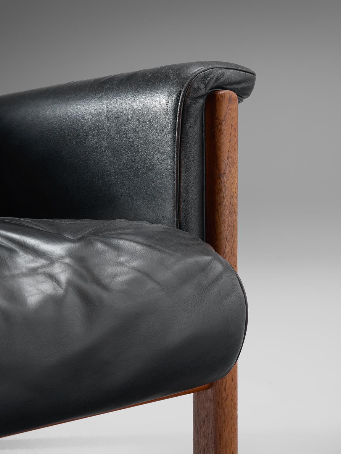 Karl-Erik Ekselius Black Leather and Teak Lounge Chairs 4