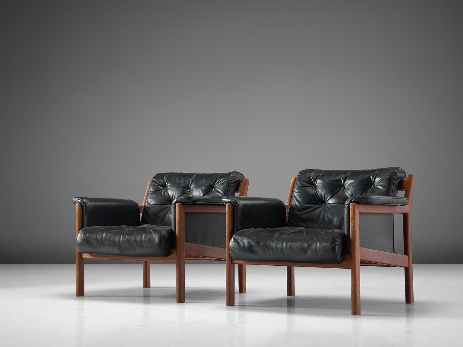Scandinavian Modern Karl-Erik Ekselius Black Leather and Teak Lounge Chairs