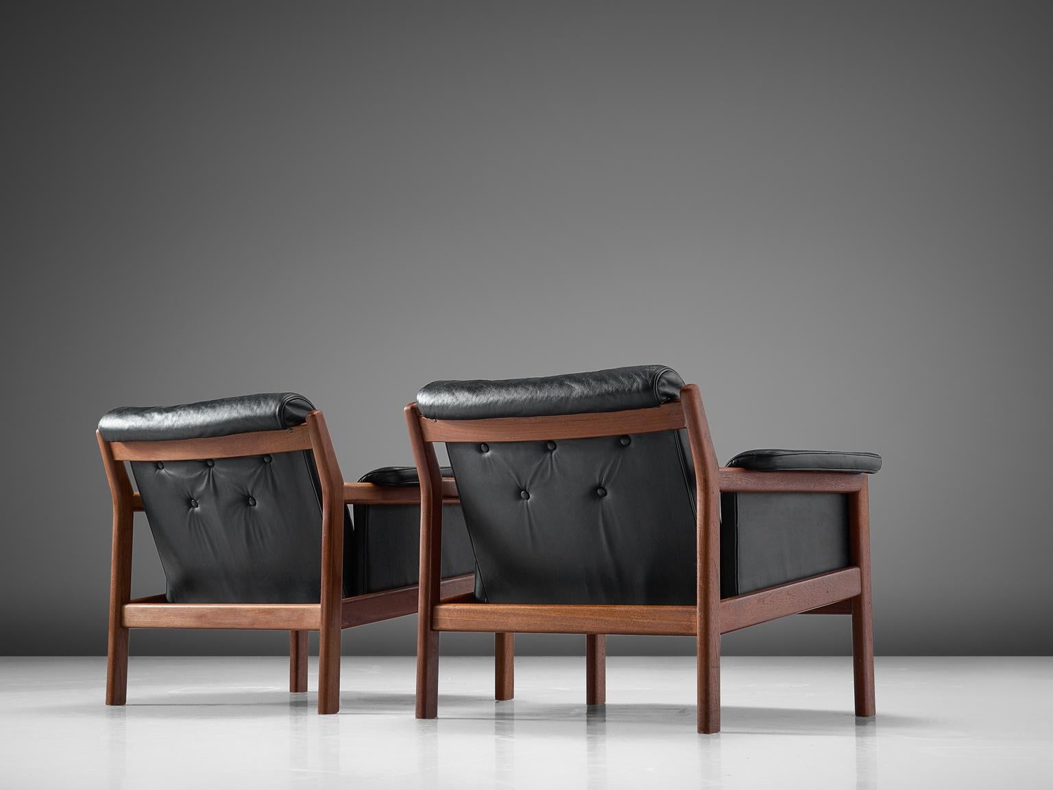 Karl-Erik Ekselius Black Leather and Teak Lounge Chairs In Good Condition In Waalwijk, NL