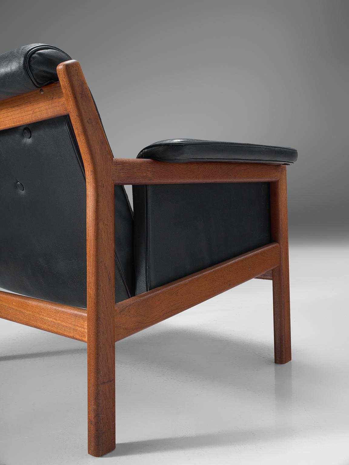 Karl-Erik Ekselius Black Leather and Teak Lounge Chairs 2