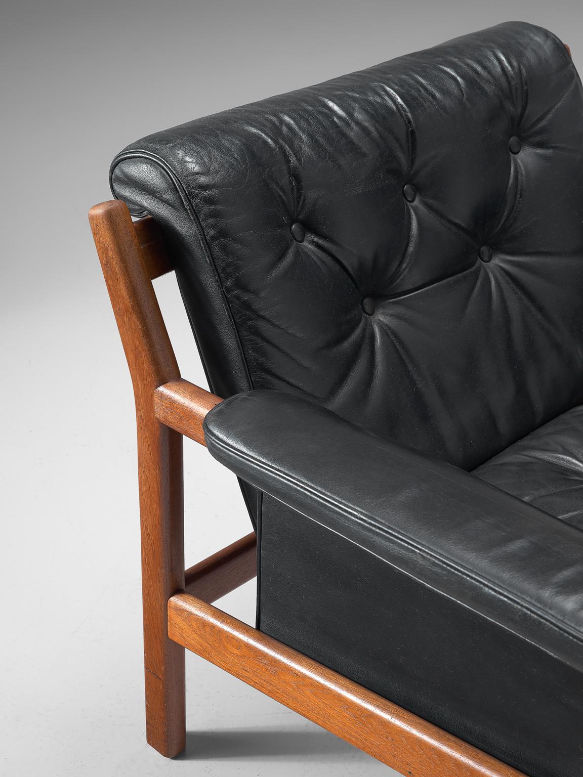 Karl-Erik Ekselius Black Leather and Teak Lounge Chairs 3