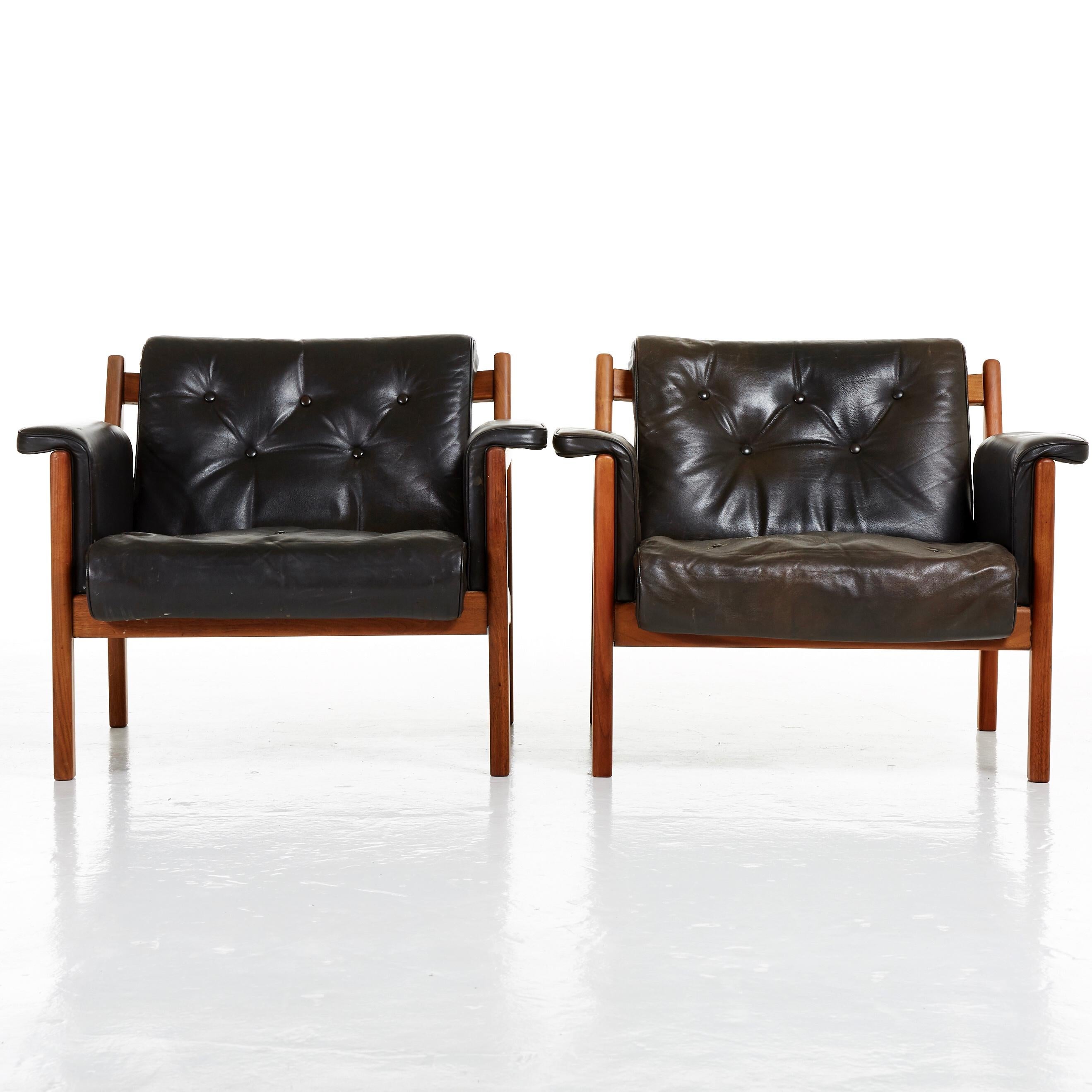 Scandinavian Modern Karl-Erik Ekselius Leather Easy Chairs by JOC in Vetlanda, Sweden, 1960s