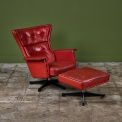 Karl Erik Ekselius Red Leather Lounge Chair with Ottoman - II