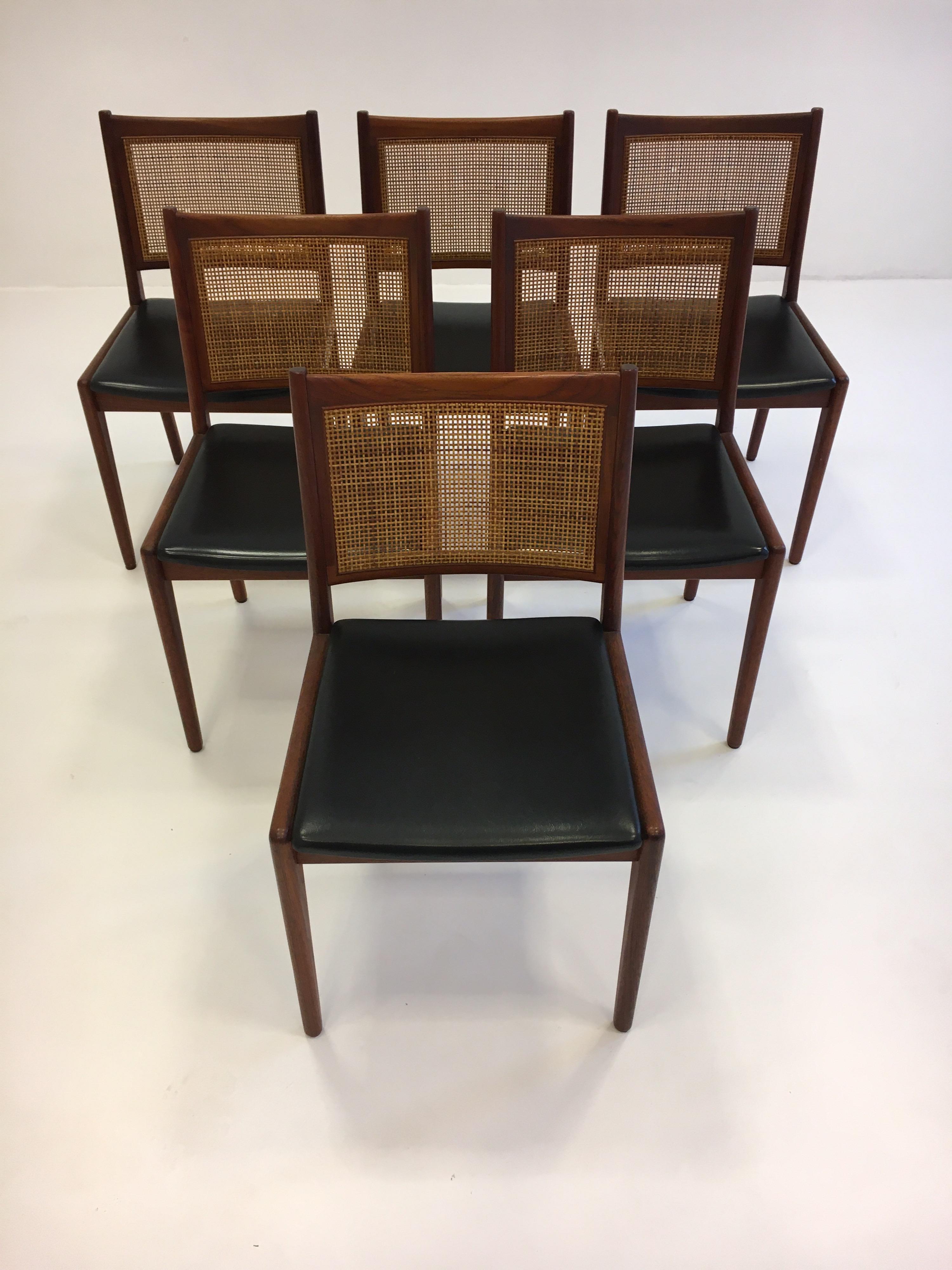 Mid-Century Modern Karl-Erik Ekselius Set of Six Dining Chairs in Teak and Cane, Sweden, 1950s
