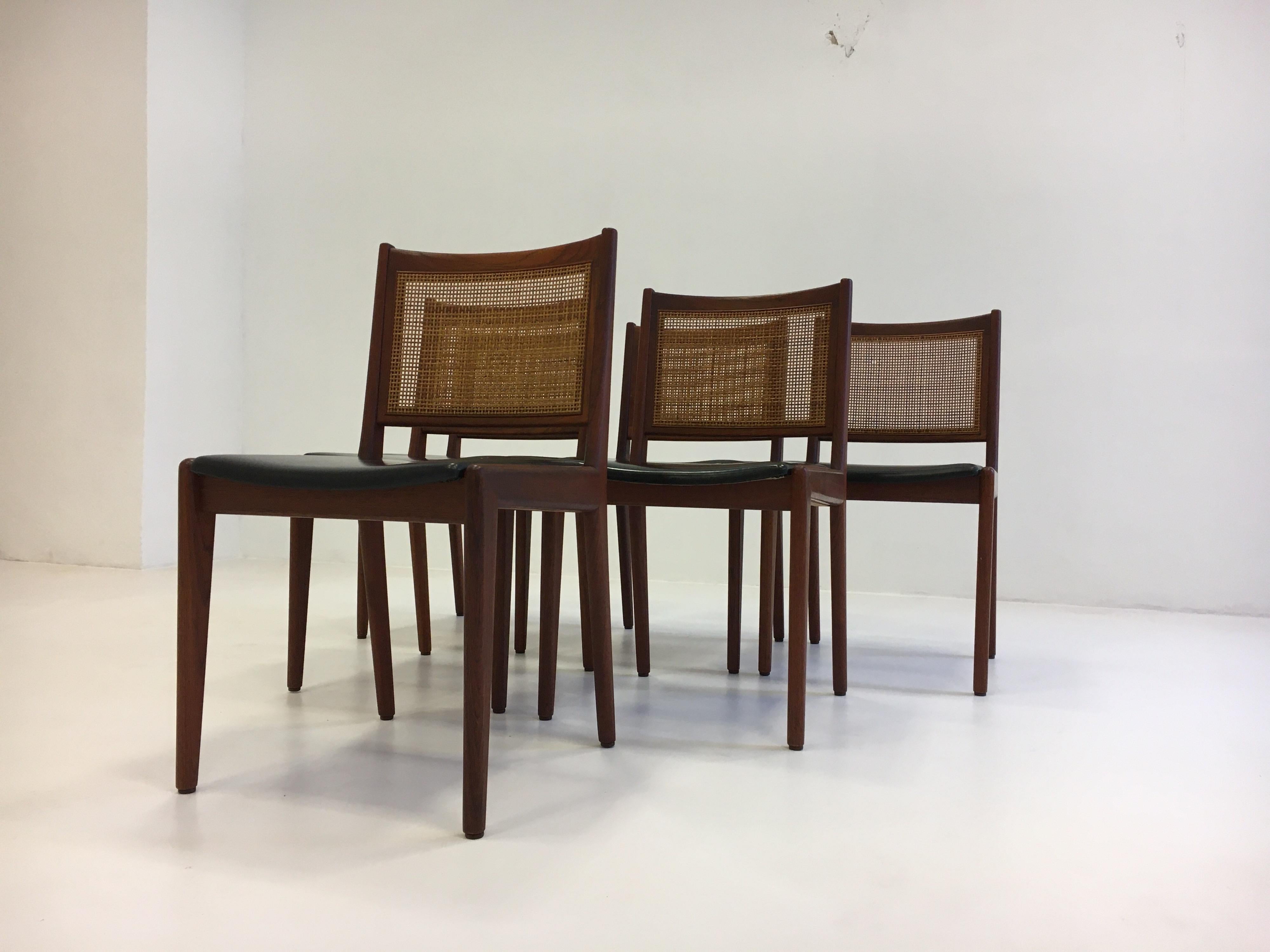 Swedish Karl-Erik Ekselius Set of Six Dining Chairs in Teak and Cane, Sweden, 1950s