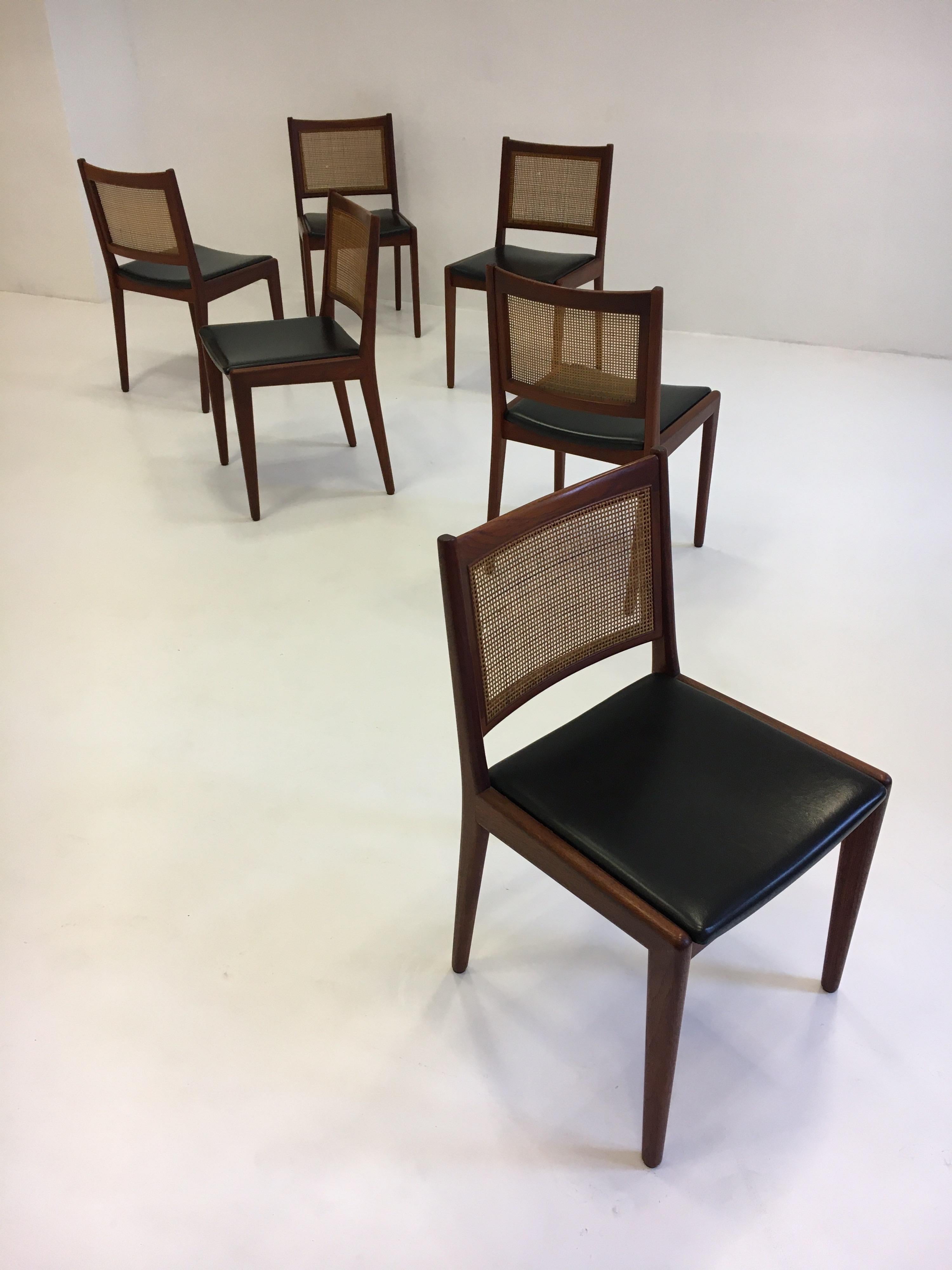 Mid-20th Century Karl-Erik Ekselius Set of Six Dining Chairs in Teak and Cane, Sweden, 1950s