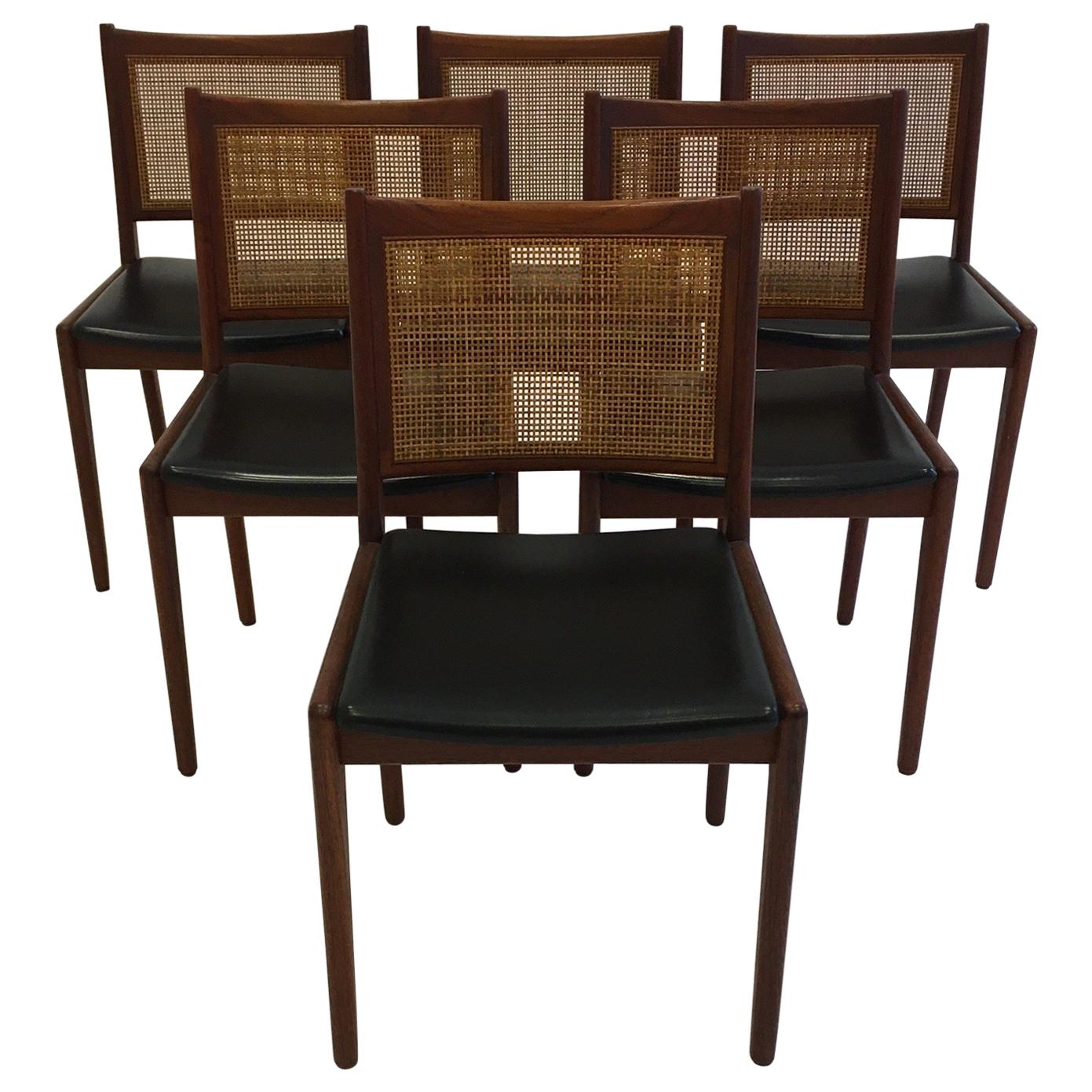 Karl-Erik Ekselius Set of Six Dining Chairs in Teak and Cane, Sweden, 1950s