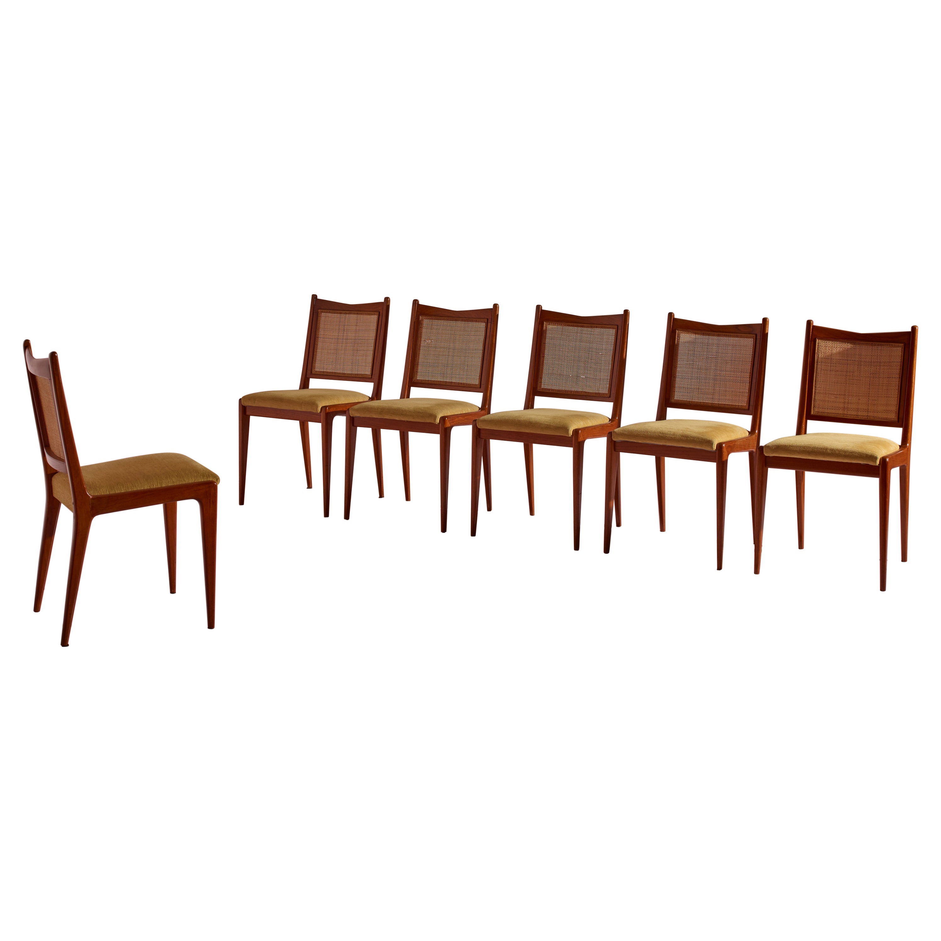 Karl-Erik Ekselius seis sillas de madera, paja y tela, Suecia, años 50 en venta