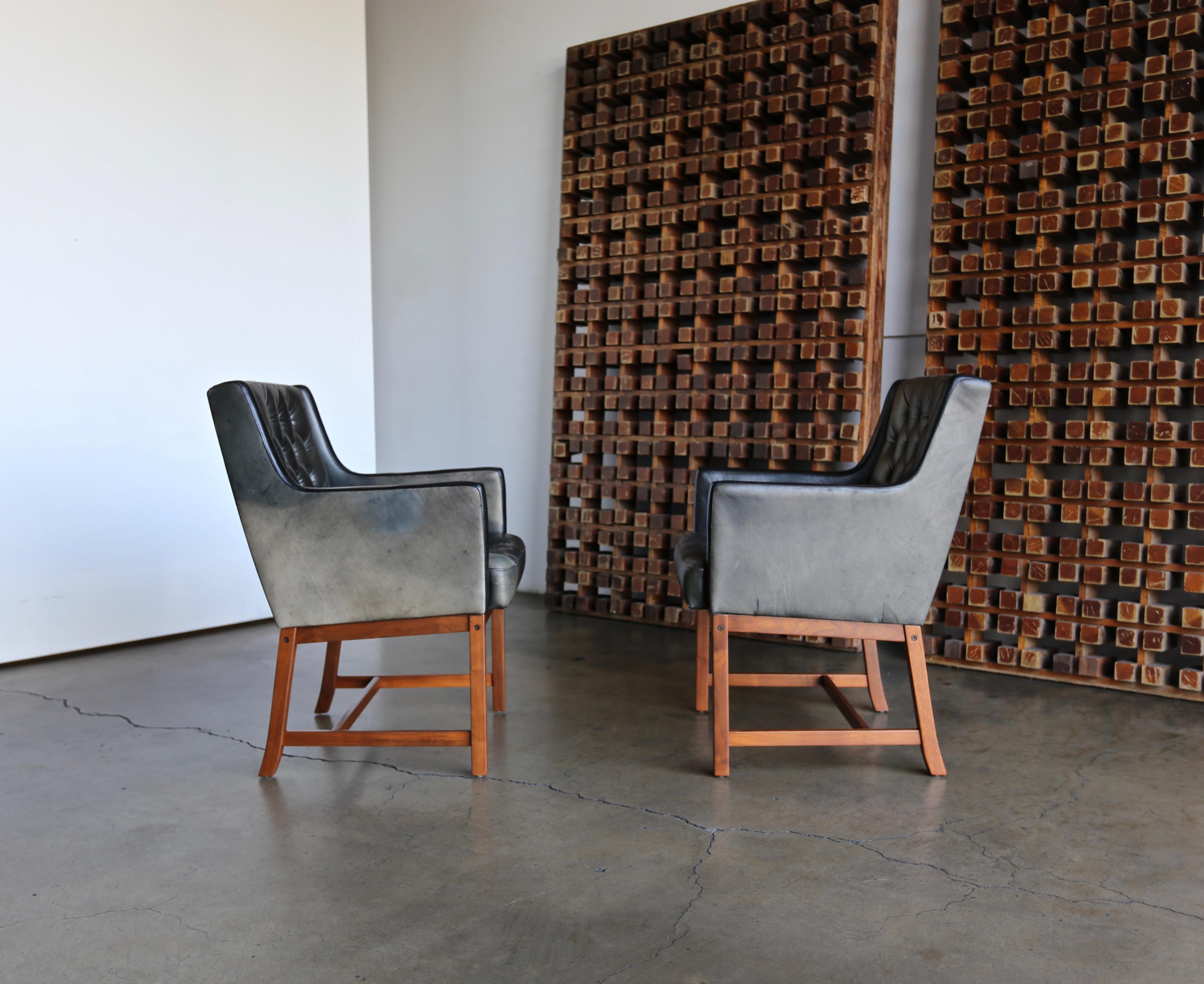 Mid-Century Modern Karl Erik Ekselius Tufted Leather Chairs for JOC, circa 1960