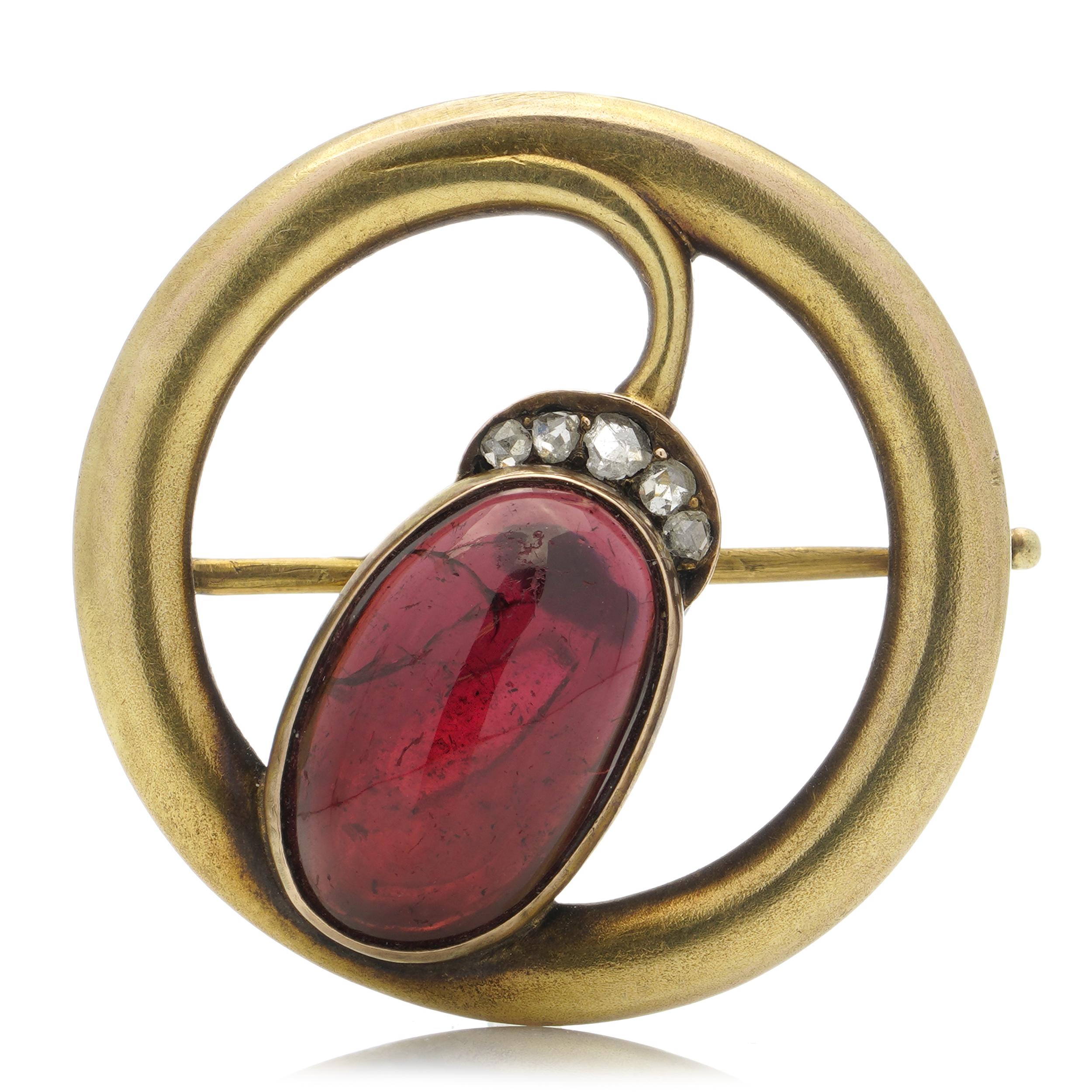 Rose Cut Karl Faberge 14kt gold oval cabochon amethyst and rose - cut diamond brooch For Sale