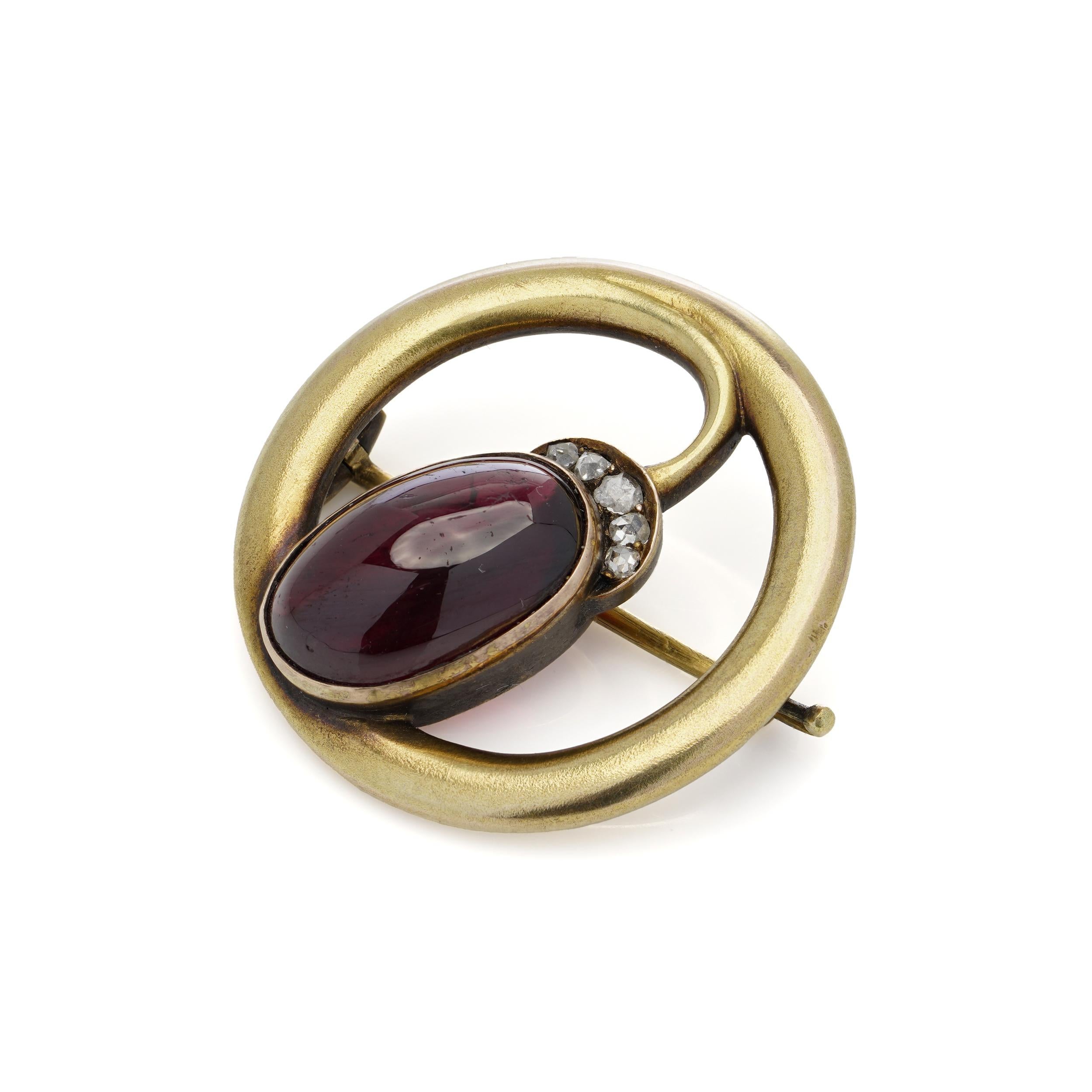 Women's or Men's Karl Faberge 14kt gold oval cabochon amethyst and rose - cut diamond brooch For Sale