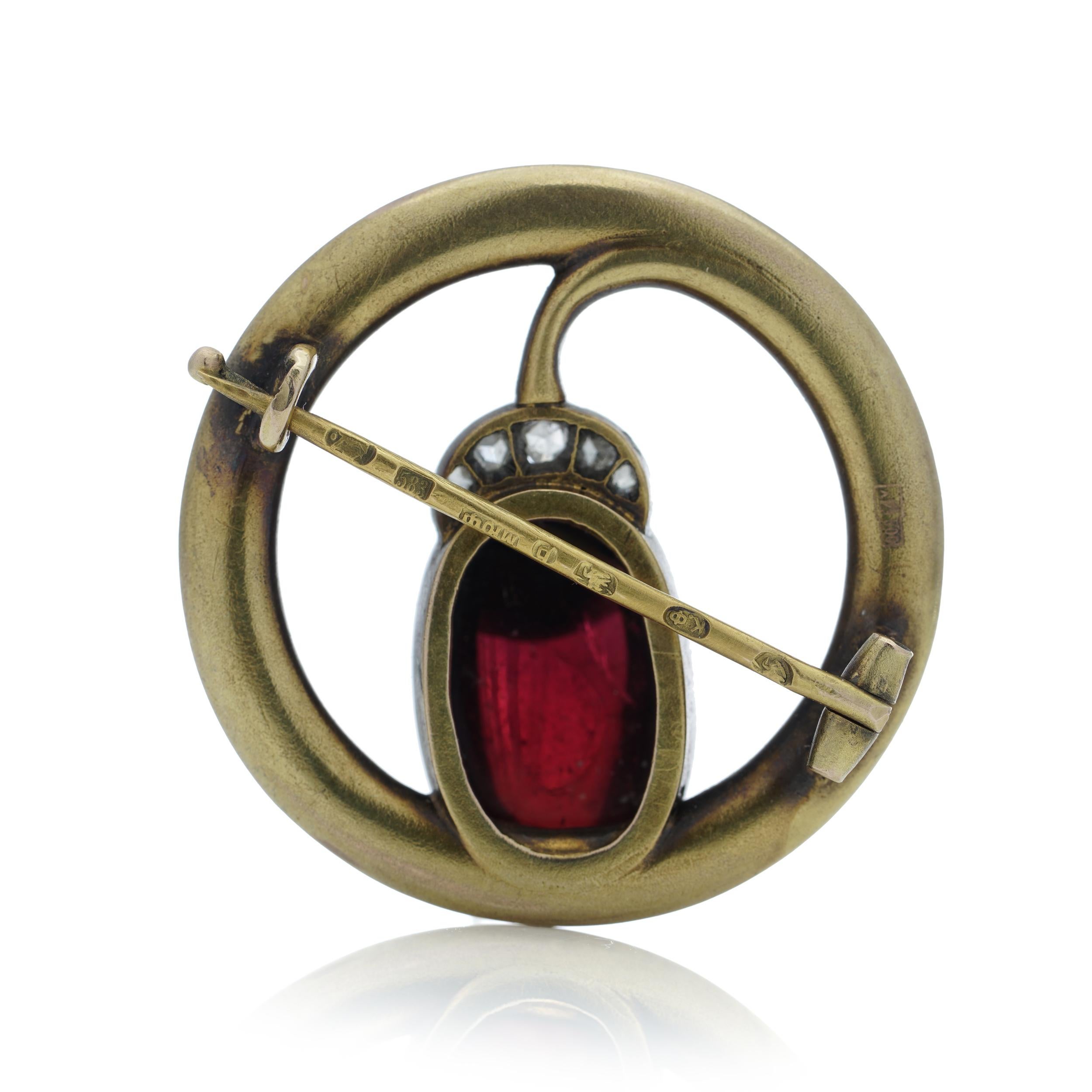 Karl Faberge 14kt gold oval cabochon amethyst and rose - cut diamond brooch For Sale 1