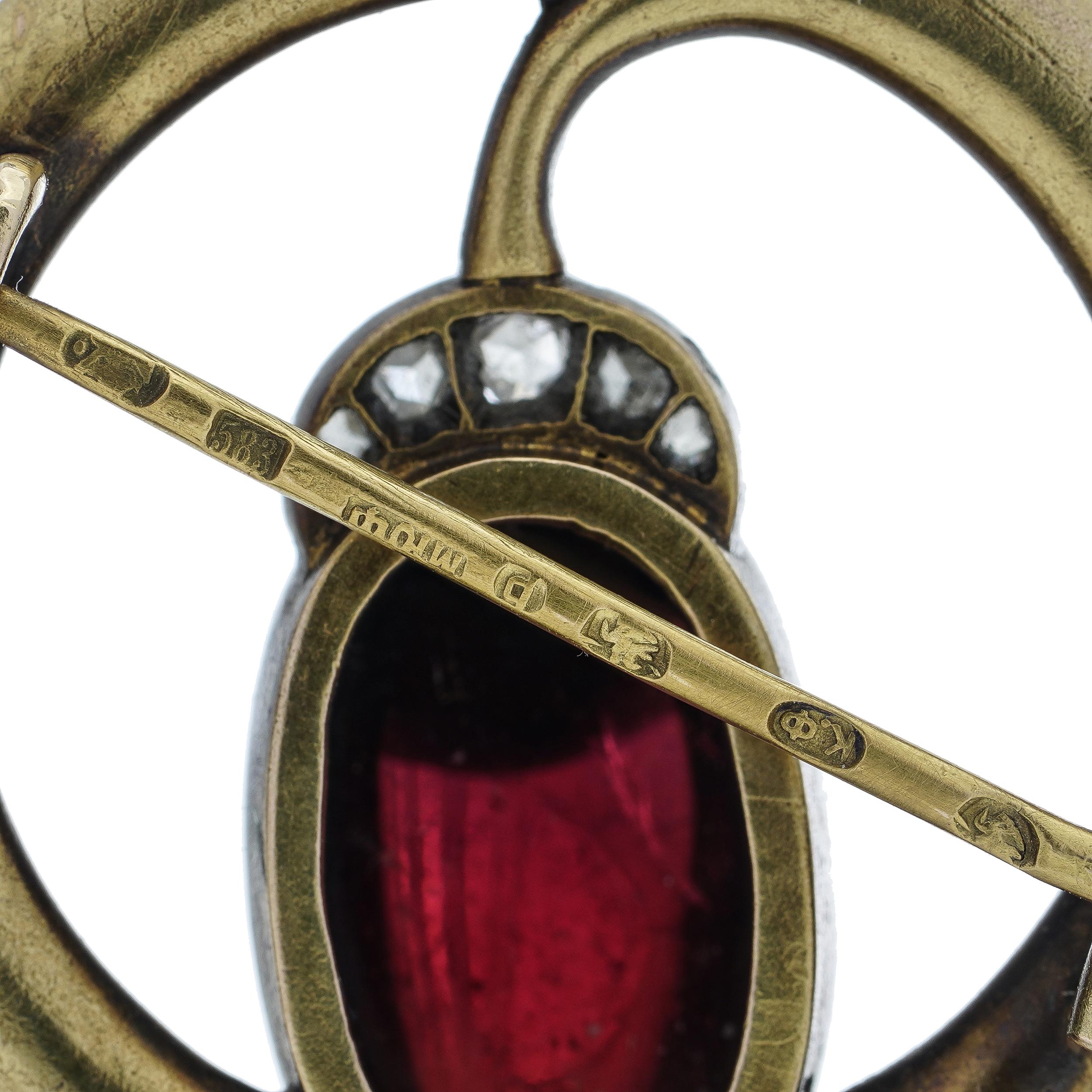 Karl Faberge 14kt gold oval cabochon amethyst and rose - cut diamond brooch For Sale 2