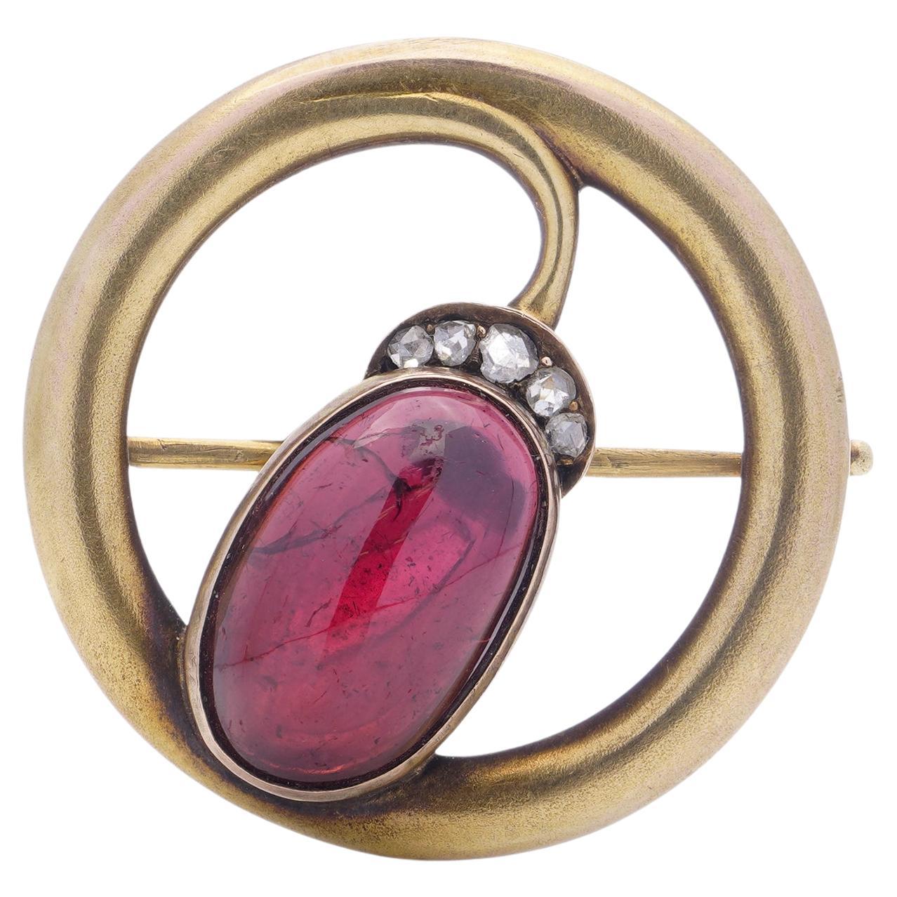 Karl Faberge 14kt gold oval cabochon amethyst and rose - cut diamond brooch For Sale