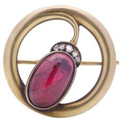 Karl Faberge 14kt gold oval cabochon amethyst and rose - cut diamond brooch
