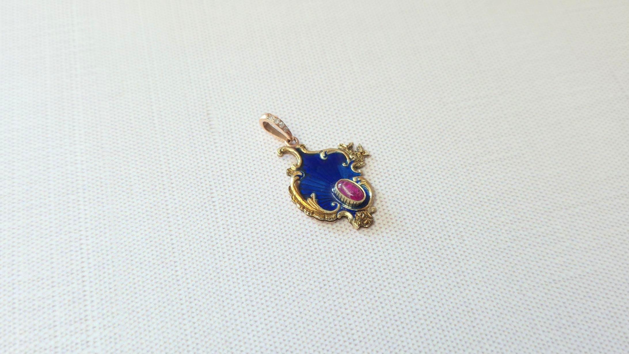 Russian Empire Karl Fabergé Gold Enamel Ruby Pendant For Sale