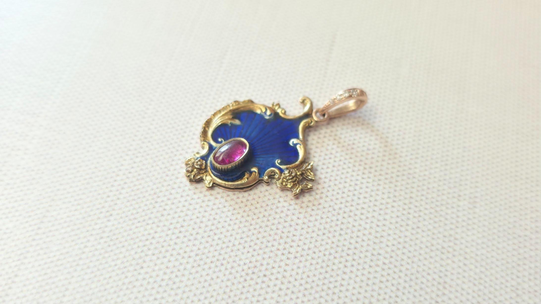 Cabochon Karl Fabergé Gold Enamel Ruby Pendant For Sale