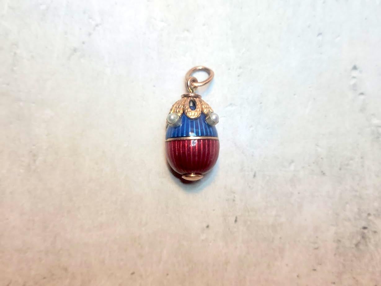 Russian Empire Karl Fabergé Imperial Russian Gold Egg Enamel Pendant with Natural Pearl