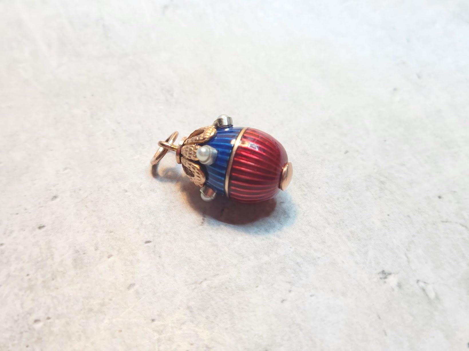 Bead Karl Fabergé Imperial Russian Gold Egg Enamel Pendant with Natural Pearl