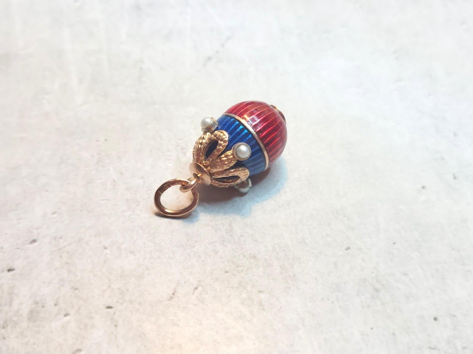 Karl Fabergé Imperial Russian Gold Egg Enamel Pendant with Natural Pearl In Excellent Condition In Chesterland, OH
