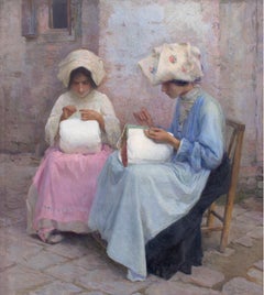 Karl Feiertag, Lacemakers At Burano, Venice, Antique Oil Painting