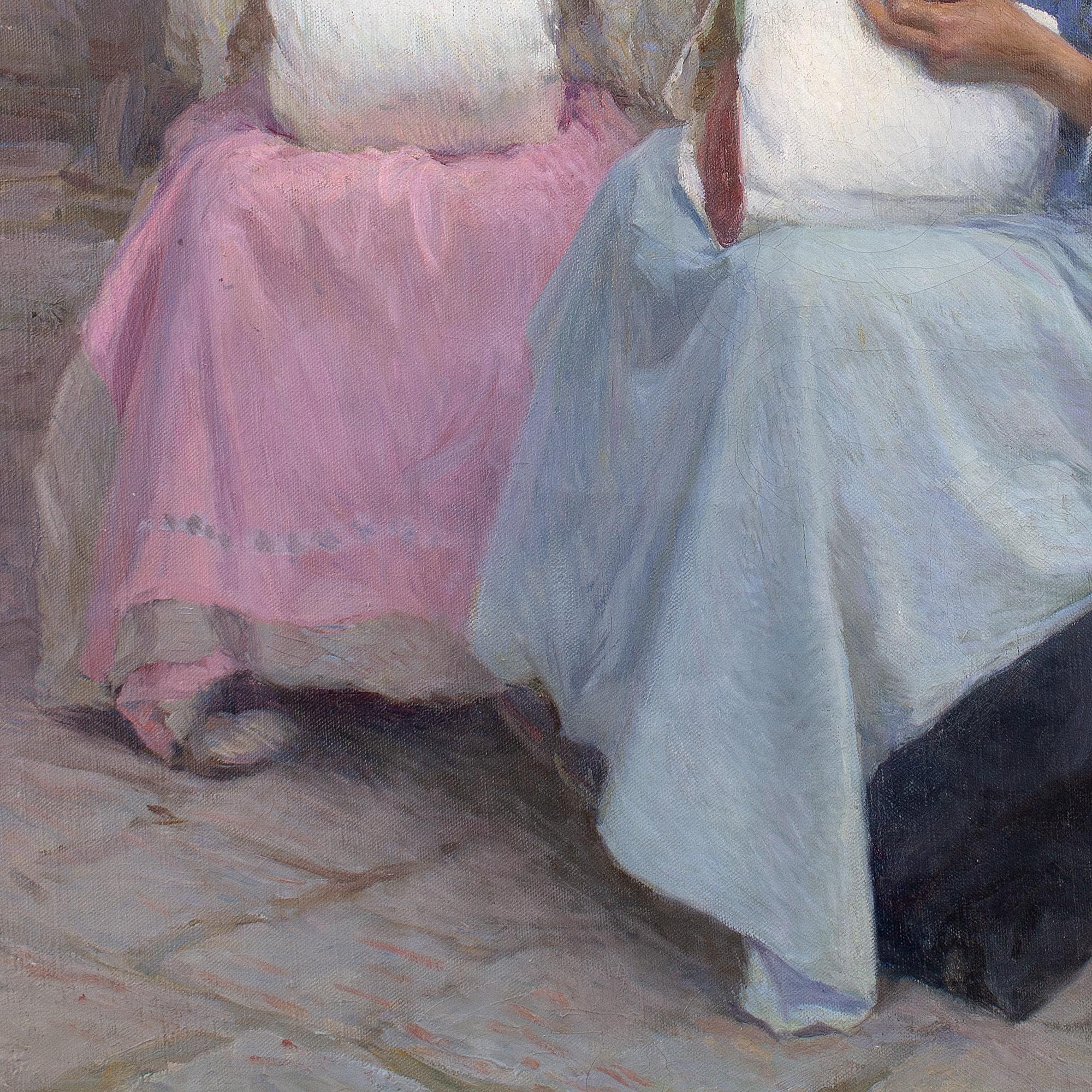Karl Feiertag, Le merlettaie di Burano, Venezia, pittura ad olio antica 7