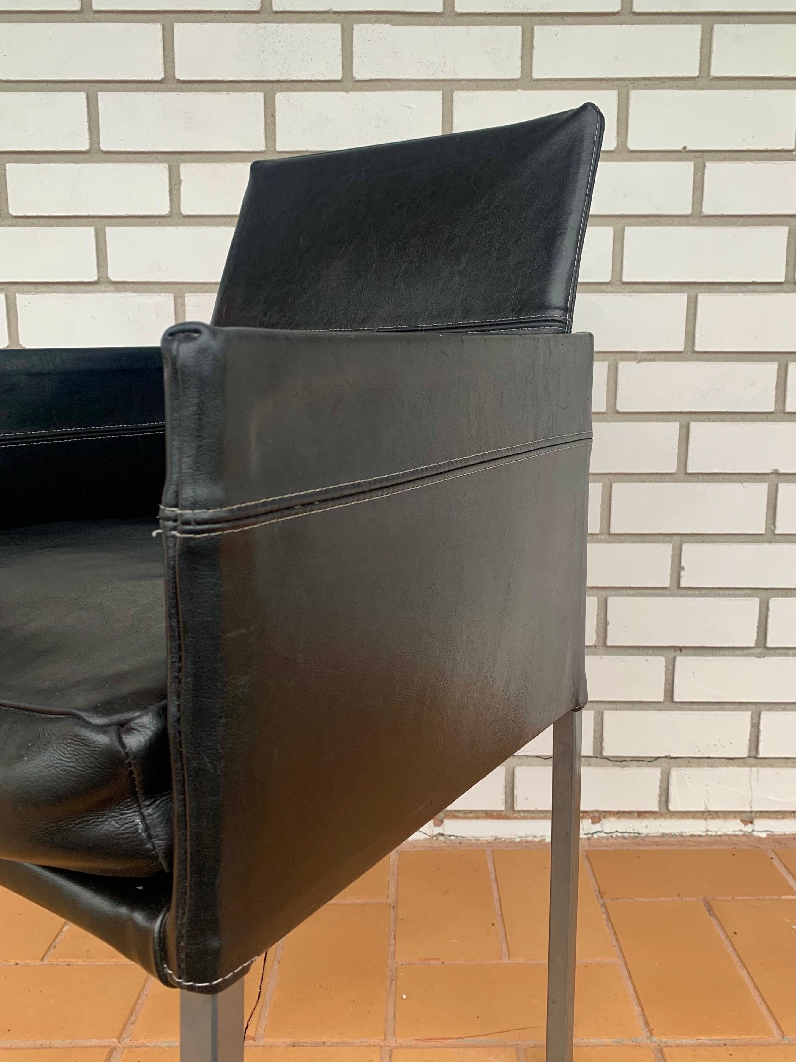 Steel Karl Friedrich Forster Black Leather Arm Chairs, a Pair For Sale