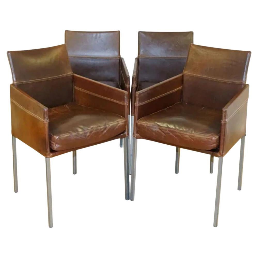 Karl Friedrich Förster Ensemble de 4 chaises de salle à manger vintage en cuir Brown en vente