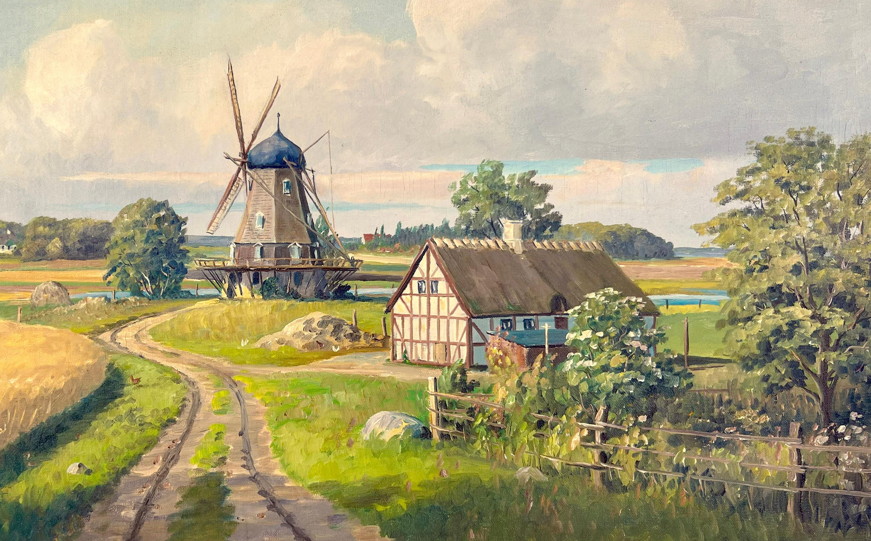Paesaggio bucolico con mulino a vento - Germania Campagna Olio originale su lino - Painting di Karl Friedrich Johannes Leitzen