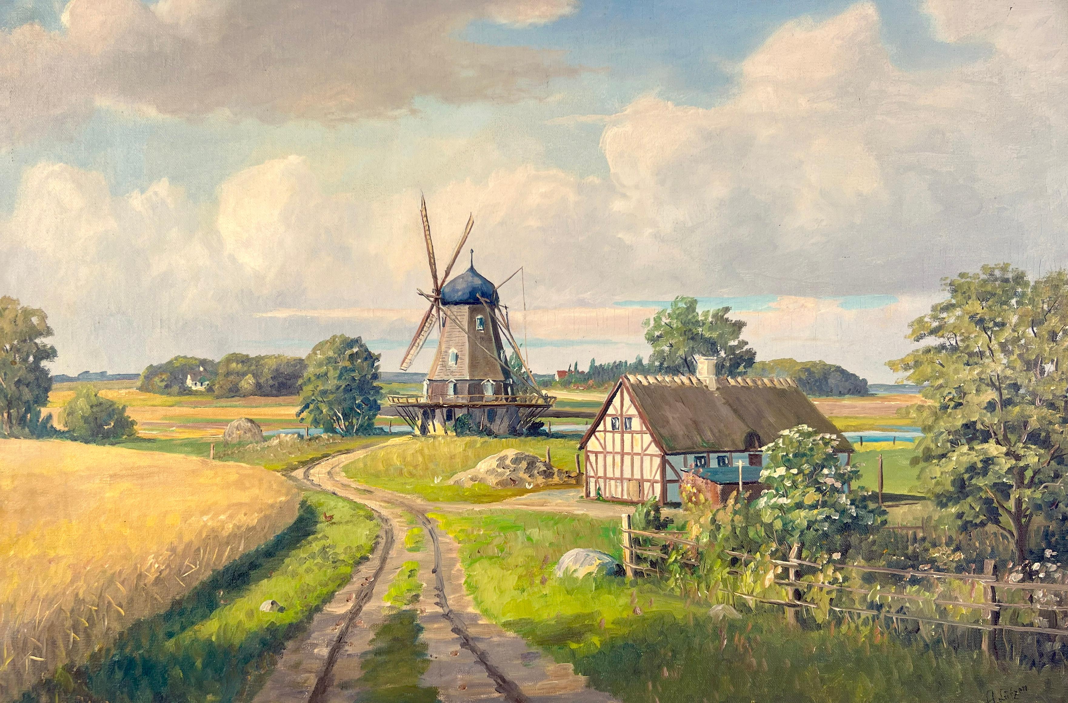 Paesaggio bucolico con mulino a vento - Germania Campagna Olio originale su lino - Painting Contemporaneo di Karl Friedrich Johannes Leitzen