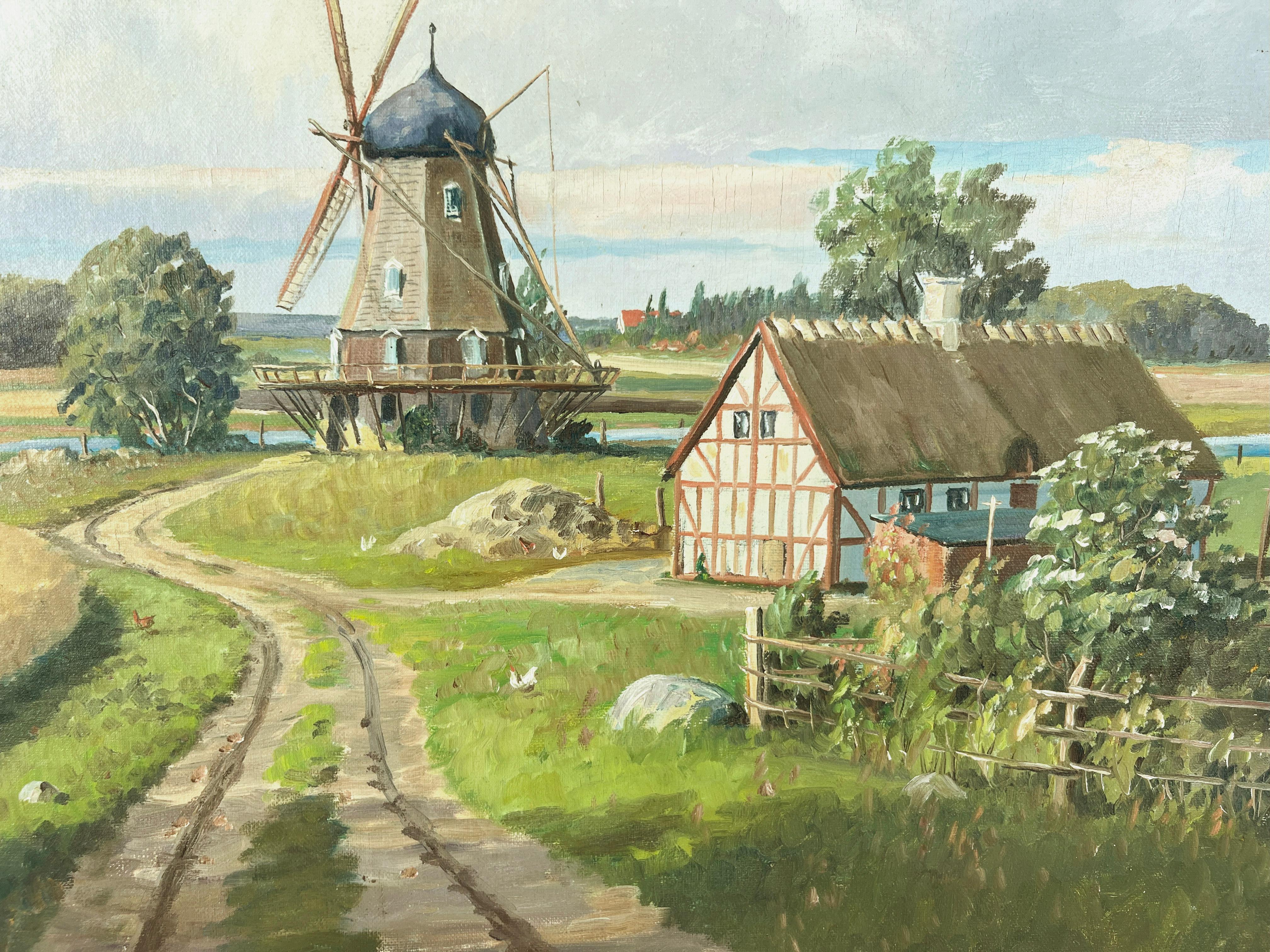 Paesaggio bucolico con mulino a vento - Germania Campagna Olio originale su lino - Landscape Painting Beige di Karl Friedrich Johannes Leitzen