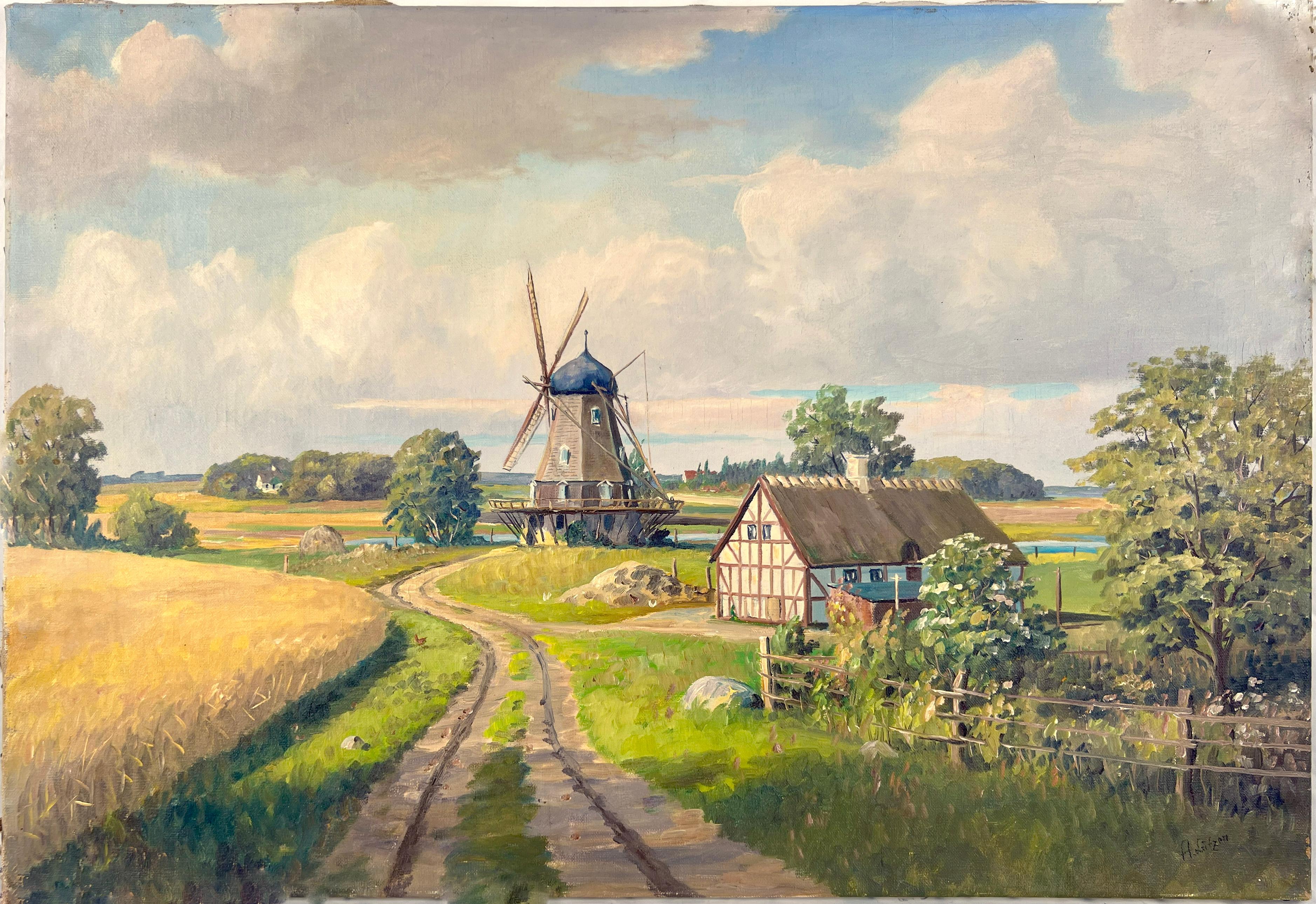 Landscape Painting di Karl Friedrich Johannes Leitzen - Paesaggio bucolico con mulino a vento - Germania Campagna Olio originale su lino