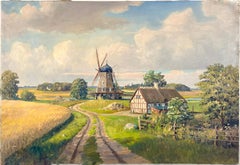 Bucolic Landscape with Windmill - Germany Countryside Original Oil on Linen
